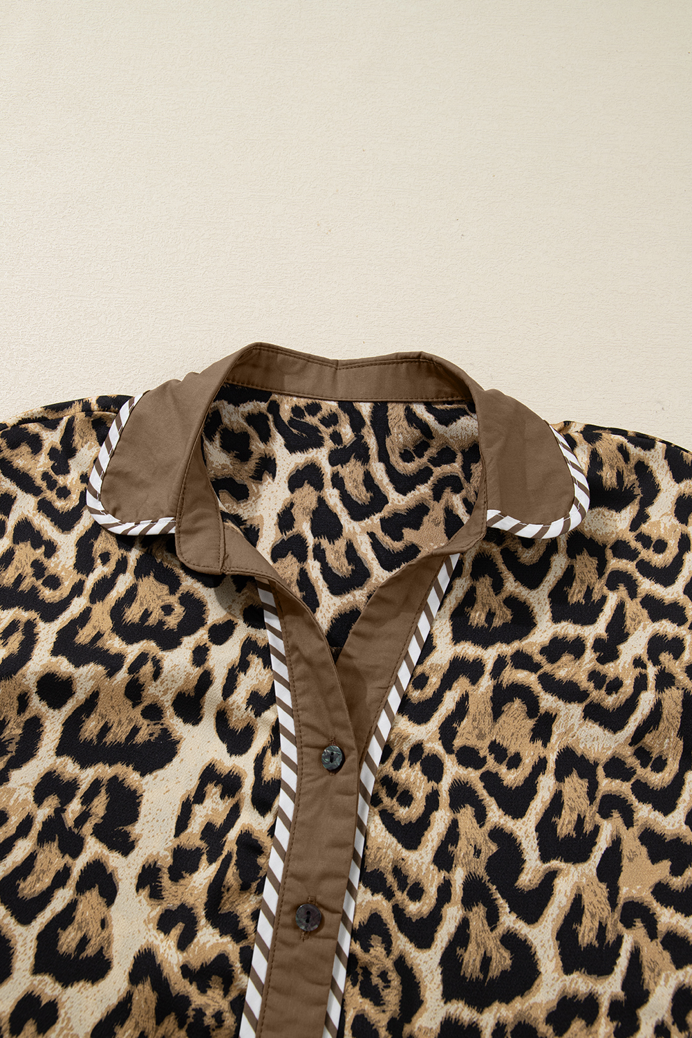Brown Leopard Collared 3/4 Sleeve Shirt and Loose Pants Two Piece Outfit Set