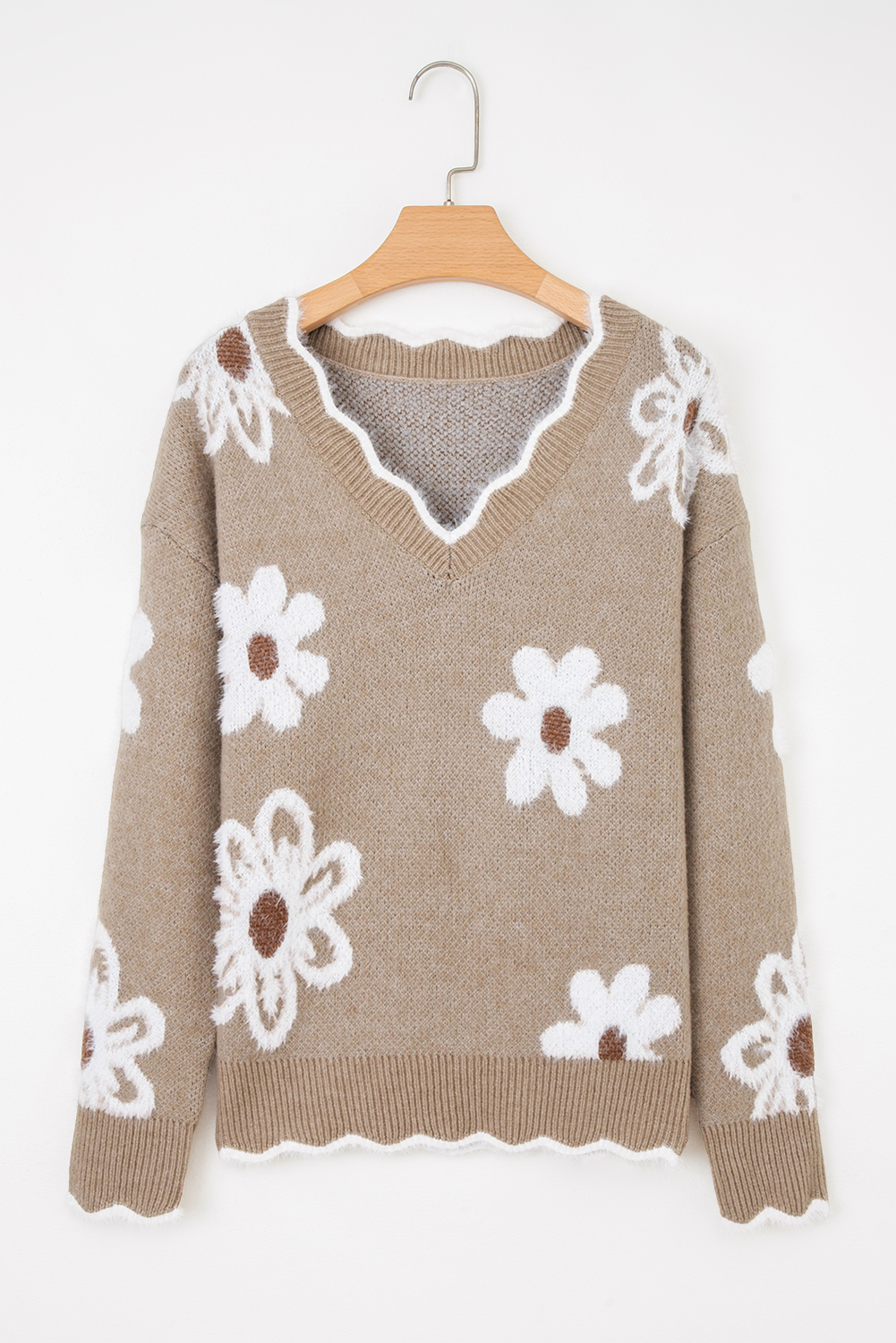 Smoke Gray Plush Flower Pattern Scalloped Trim V Neck Sweater