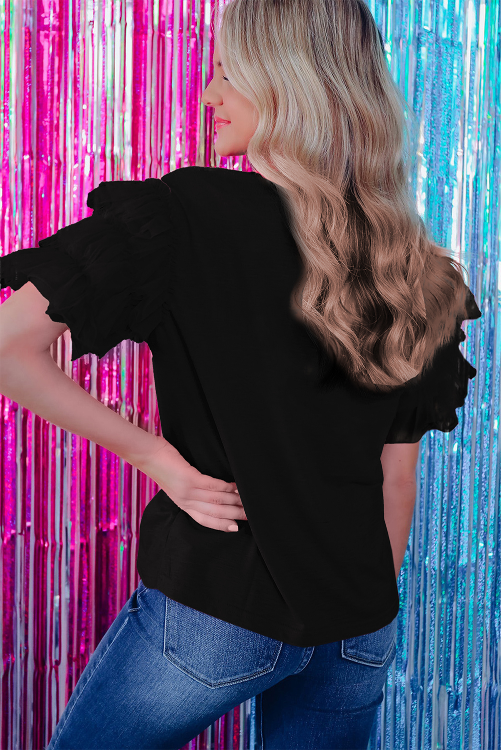 Dark Green Tulle Ruffle Sleeve Blouse
