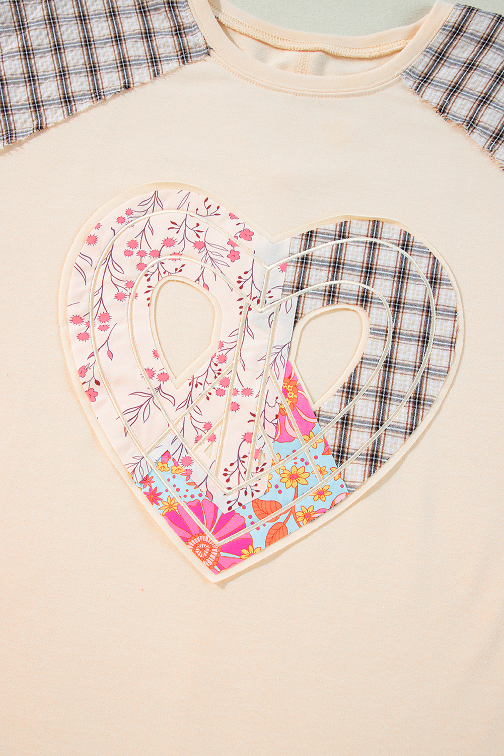 Beige Flower Patch Graphic Exposed Seam Wide Sleeve Top
