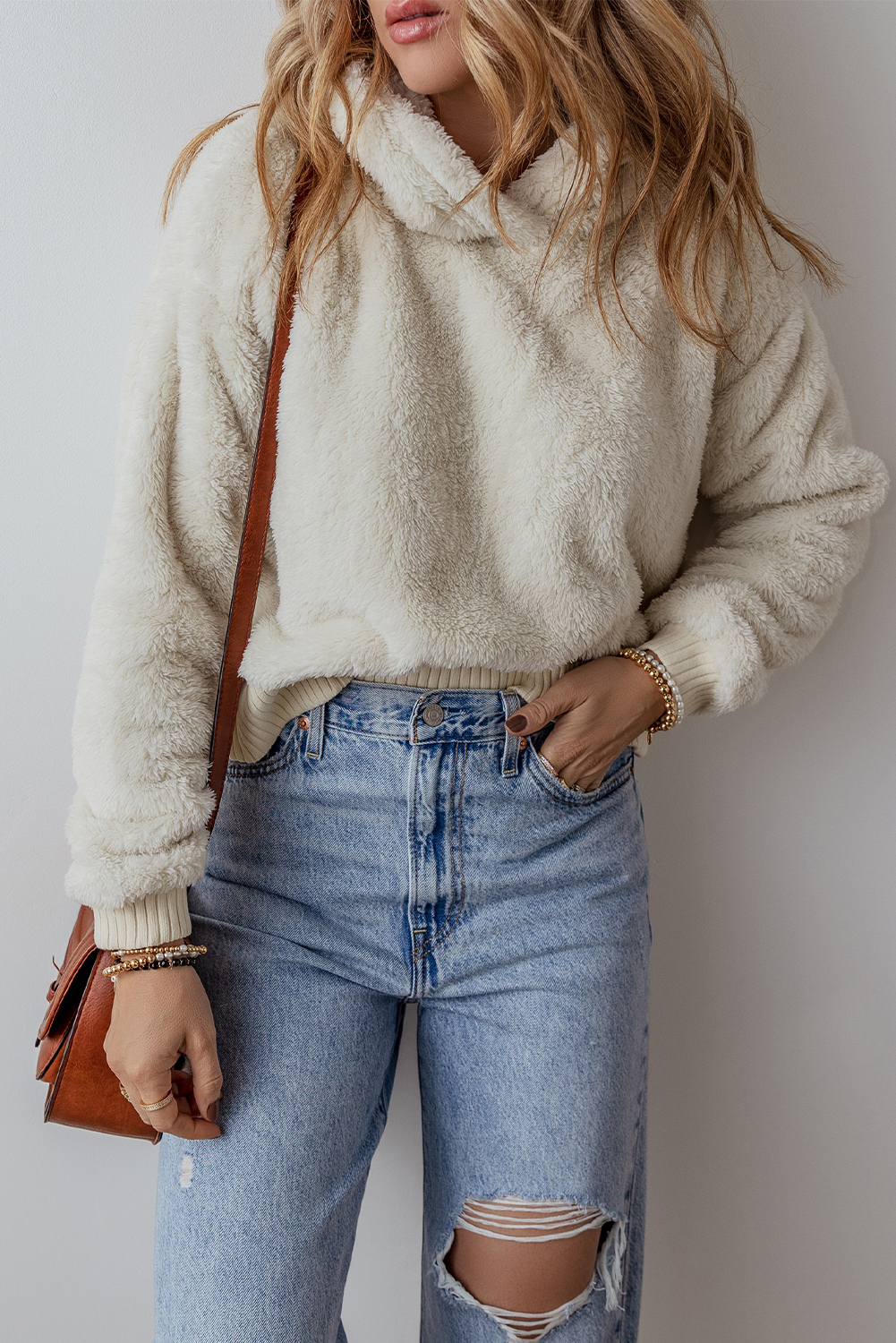 White Contrast Ribbed Edge Plush Hoodie