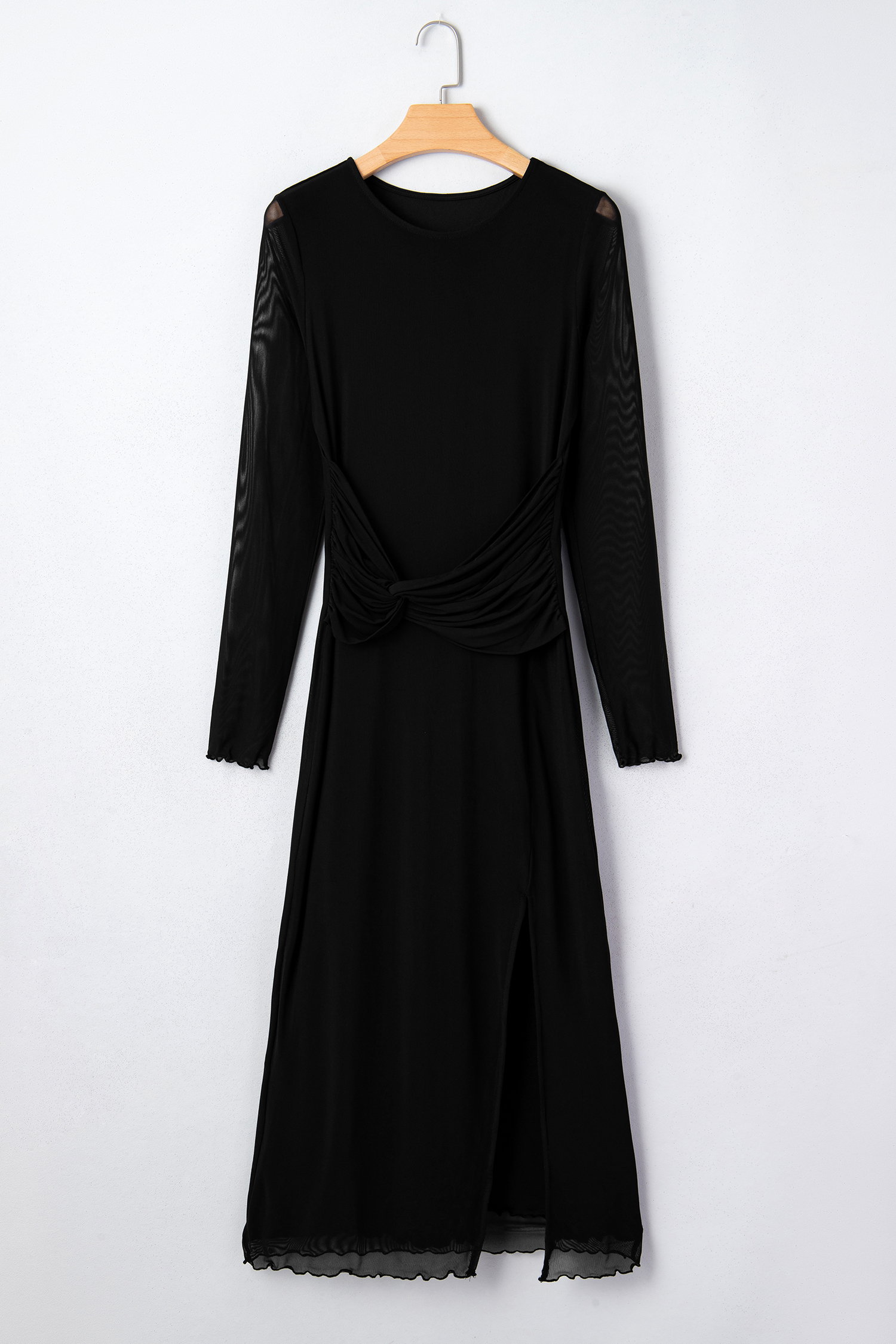 Black Sheer Mesh Long Sleeve Twisted Knot Side Slit Midi Dress