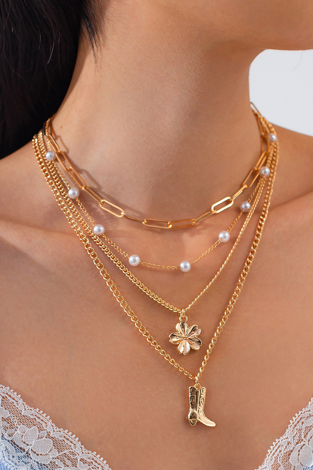 Gold Plated Flower Boot Pendent Pearl Chaining Necklace
