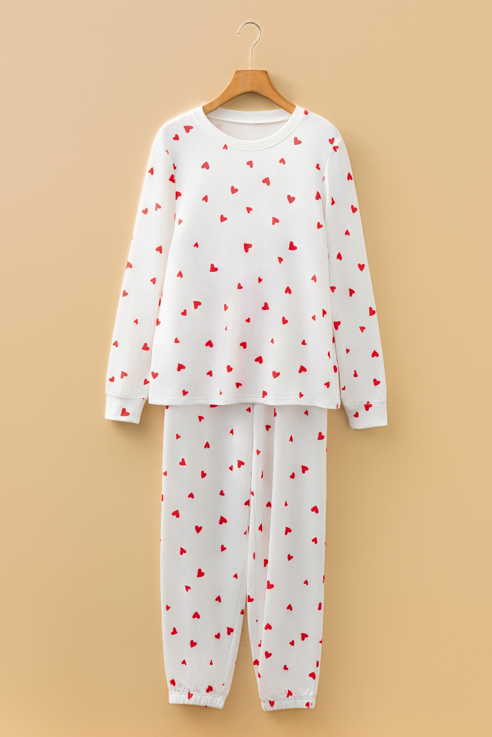 Fiery Red Tiny Hearts Printed Long Sleeve Top Drawstring Lounge Pant Set