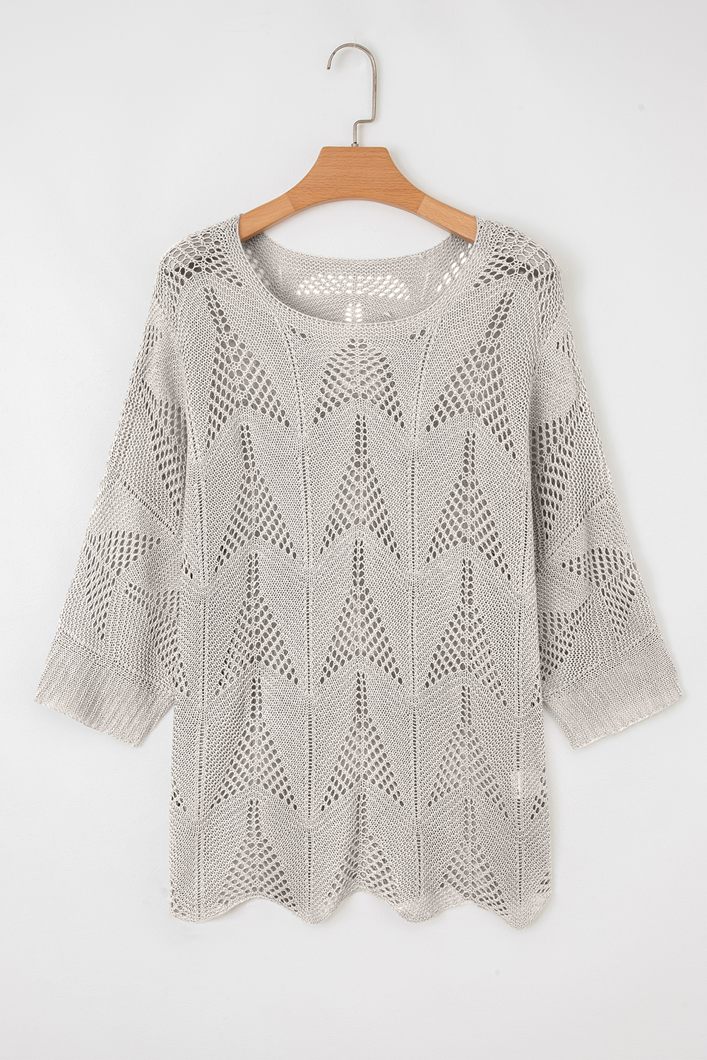 Navy Blue Hollow Out Knit 7/8 Sleeve Casual Sweater