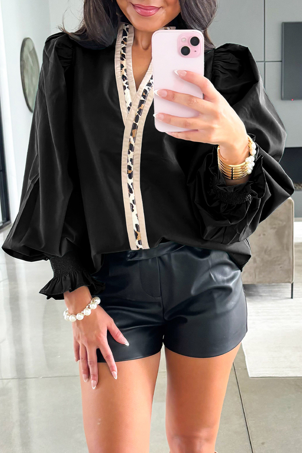 Evergreen Puffy Flounce Sleeve Leopard Trim V Neck Blouse