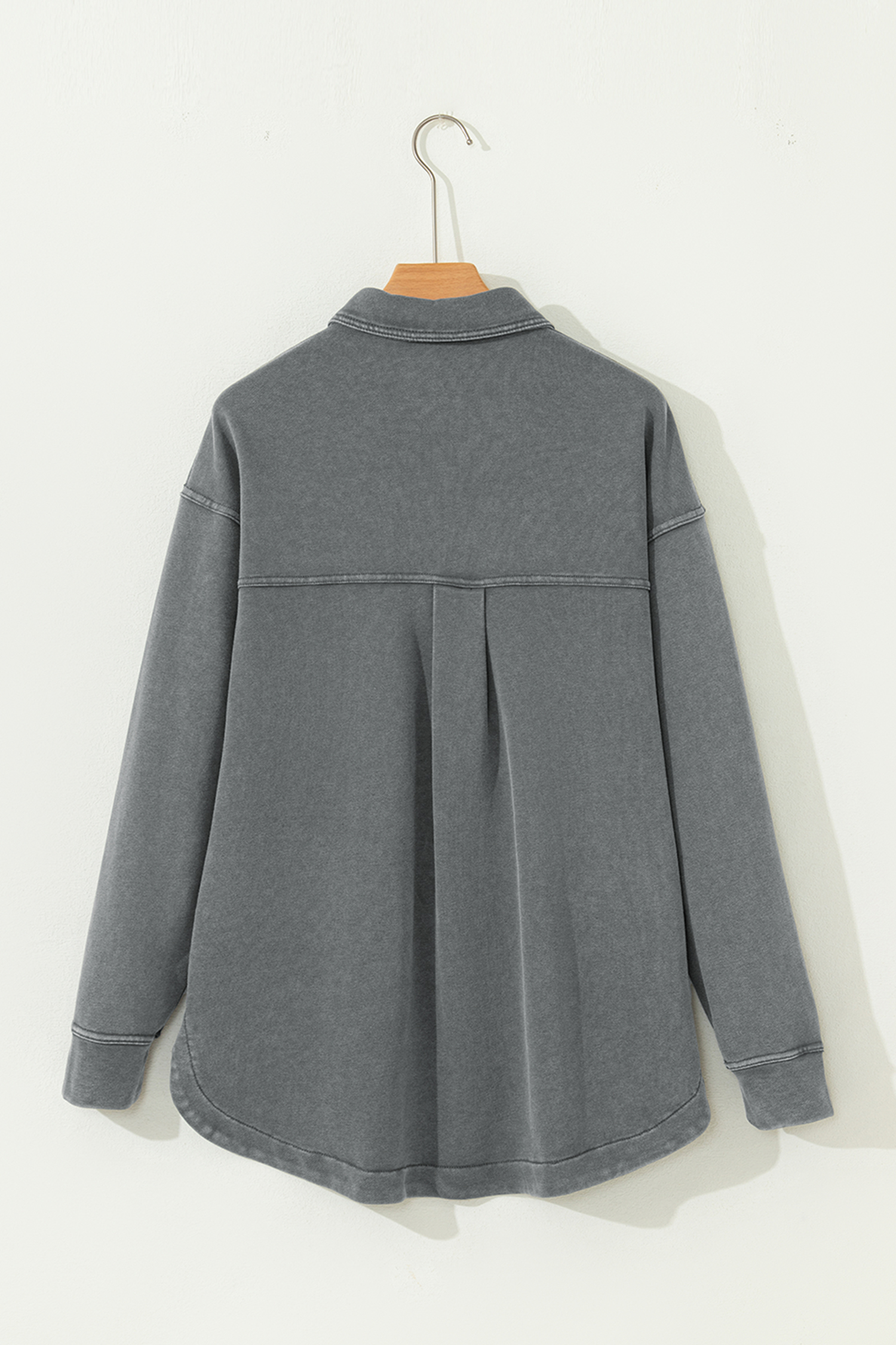 Medium Grey Mineral Wash Chest Pockets Drop Shoulder Shacket with Side Slit