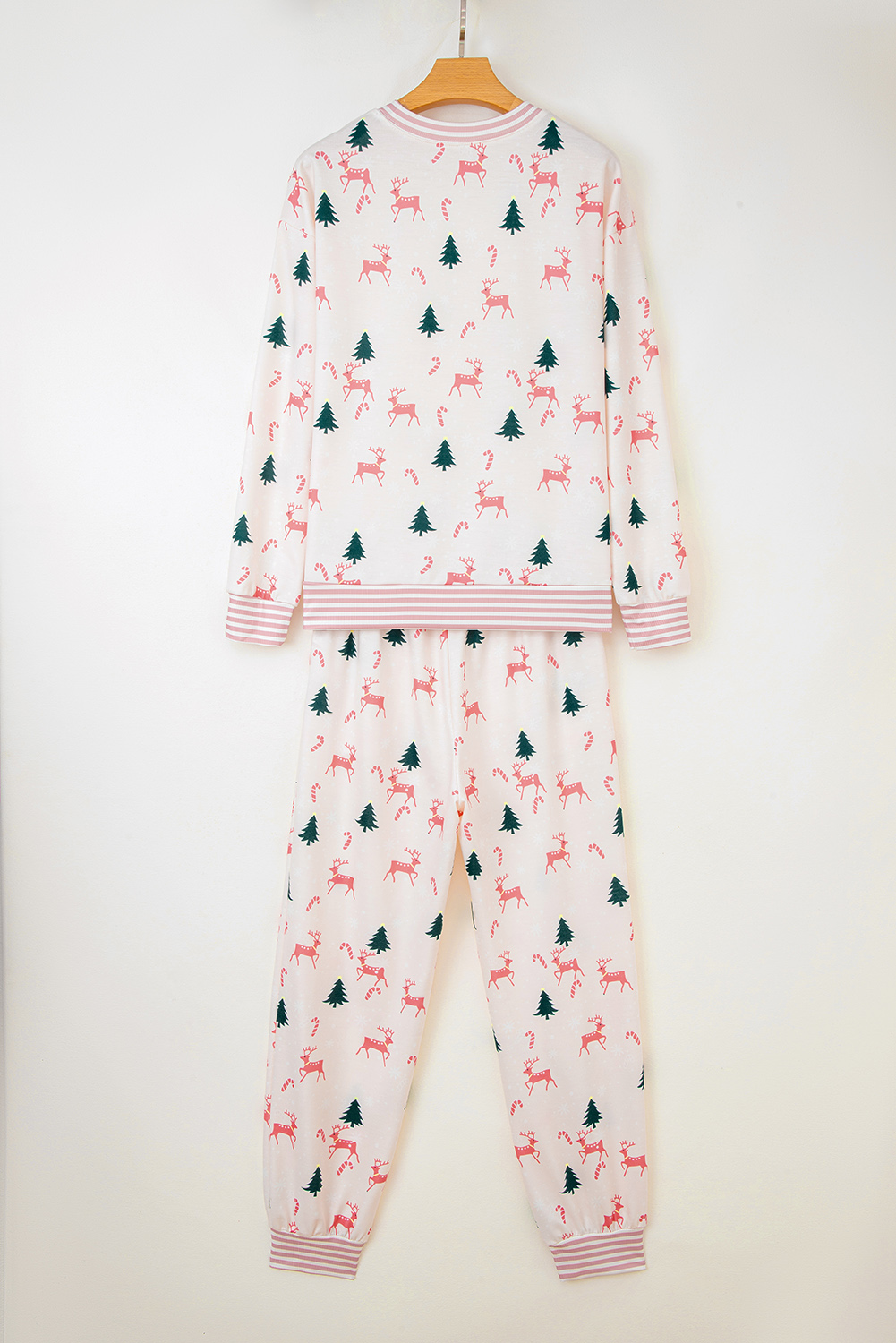 Pink Bow Christmas Tree Print Contrast Striped Banding 2pcs Lounge Set