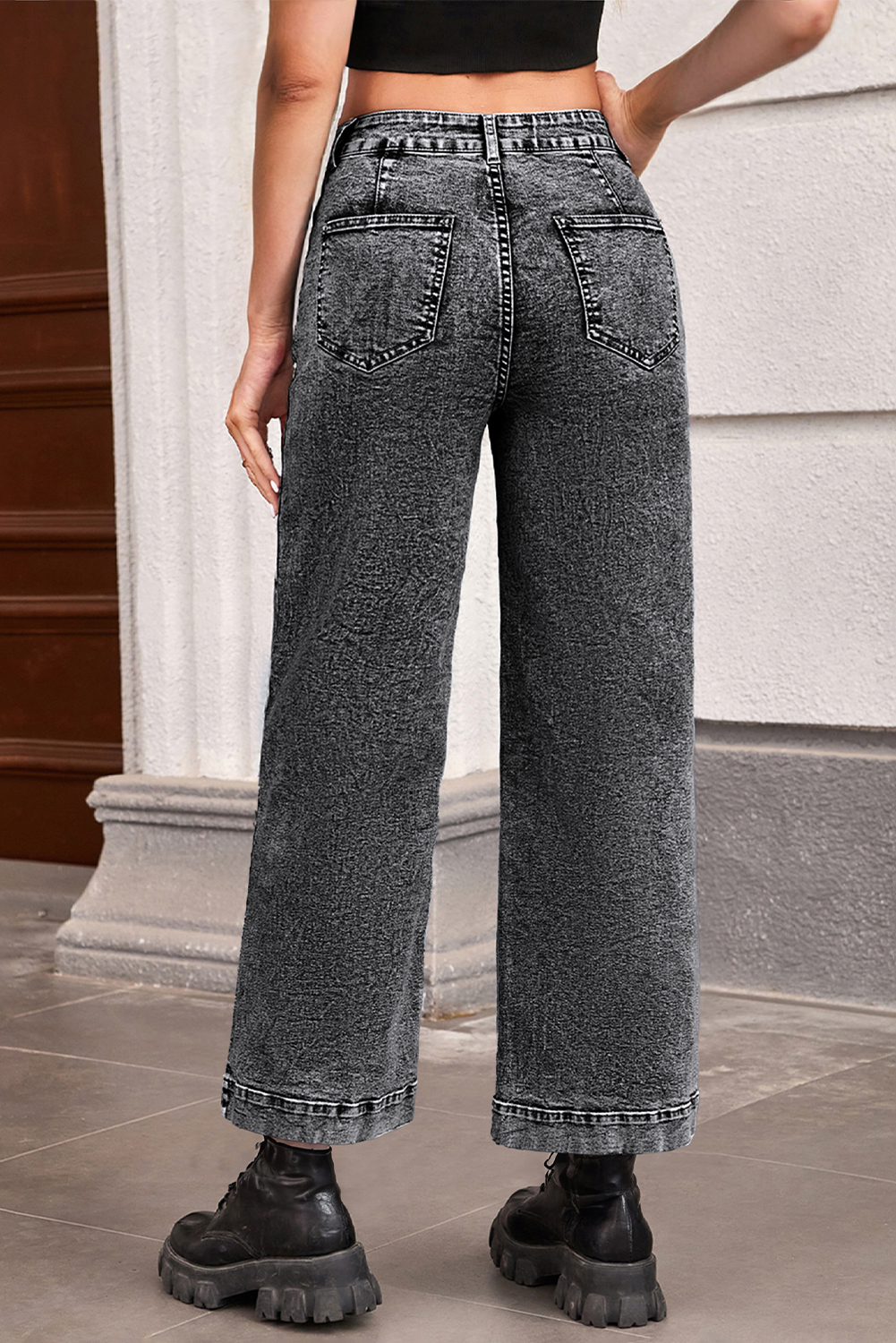 Light Blue Chic Patch Pocket Straight Leg Loose Jeans
