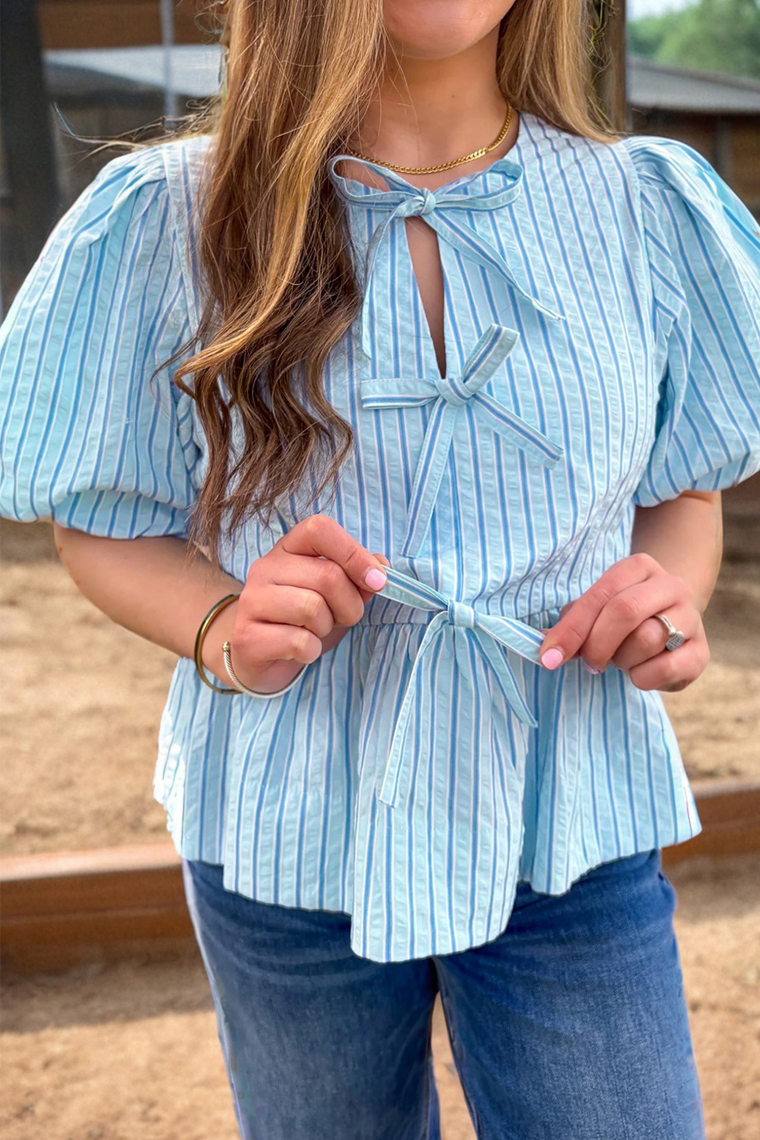 Sky Blue Stripe Bow Knot Textured Short Puff Sleeve Babydoll Blouse