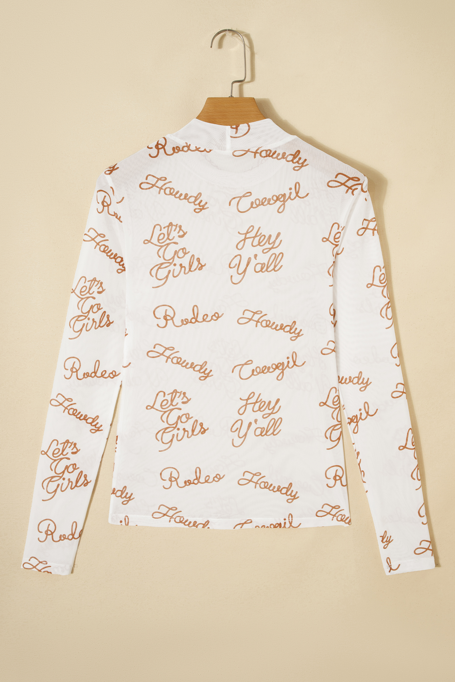 White Howdy Hey Yall Mesh High Neck Long Sleeve Top