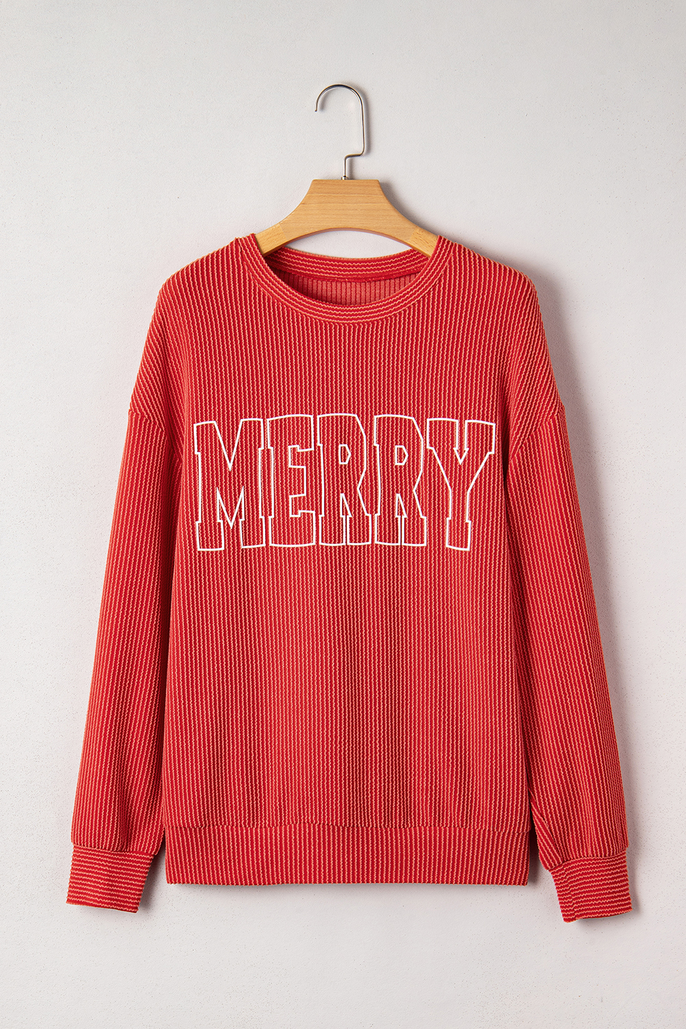 Evergreen Twisted Rib Outlined Merry Letter Graphic Loose Long Sleeve Top