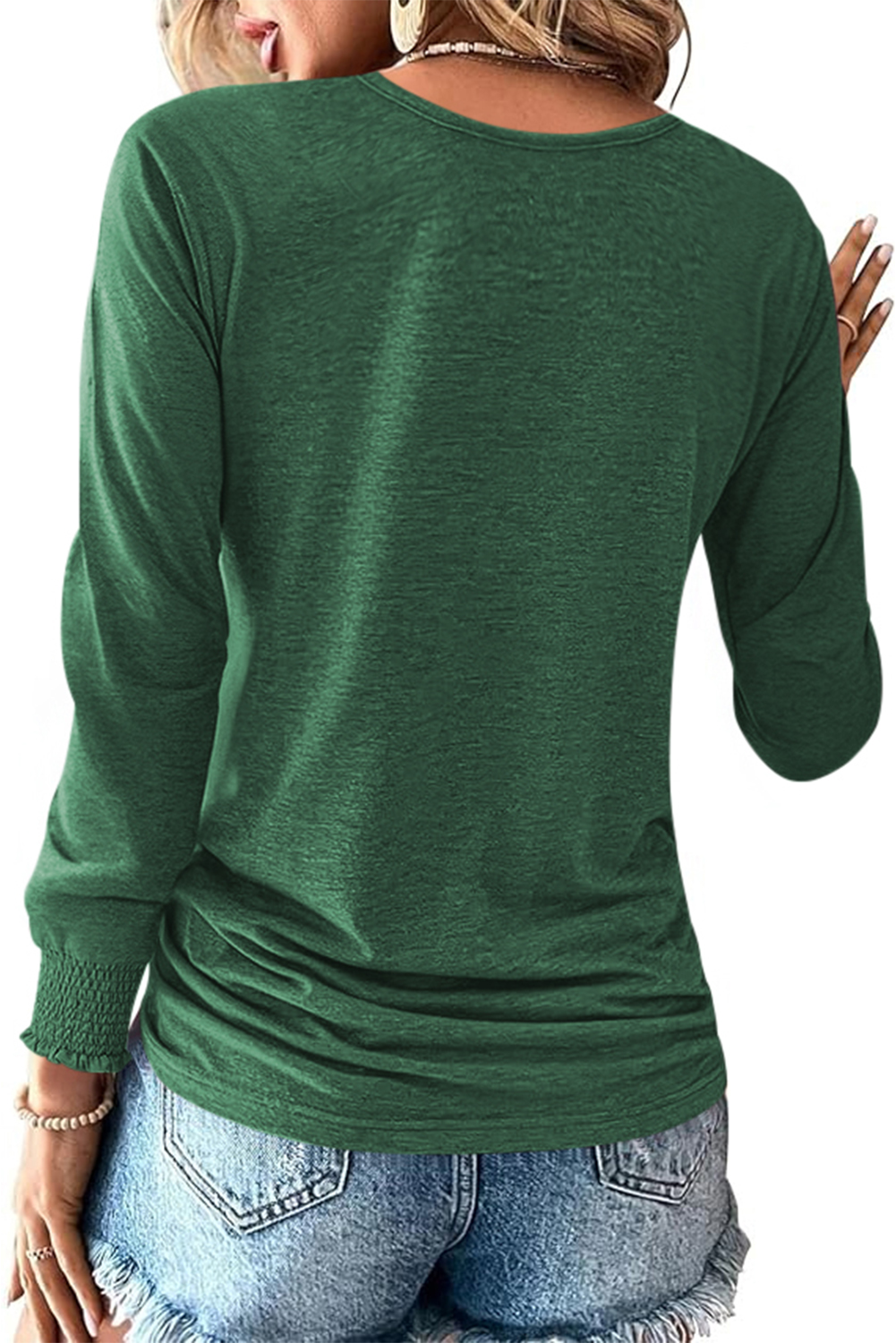 Blackish Green U Neck Smocked Cuffs Side Drawstring Henley Top