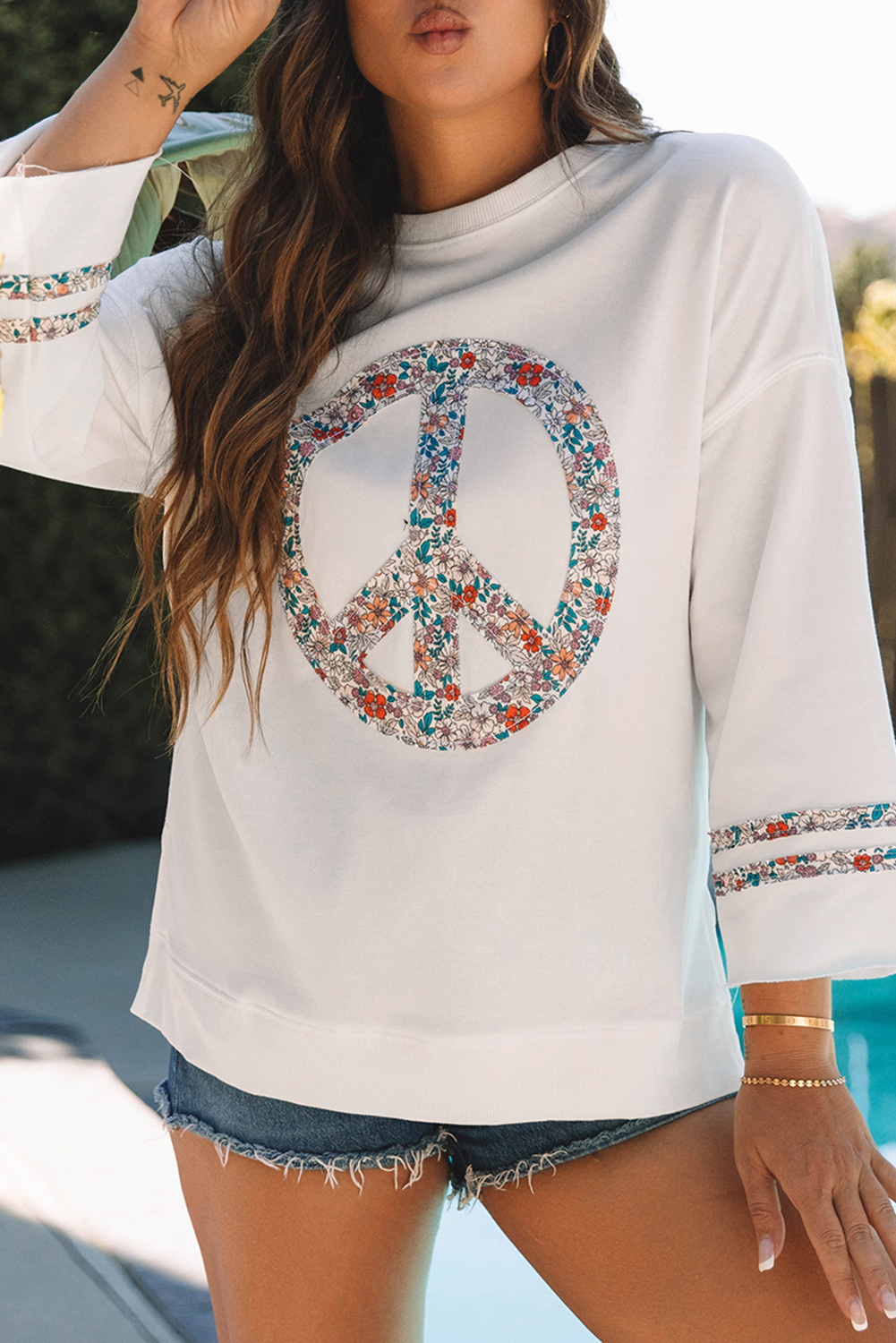 Beige Flower Patch Graphic Exposed Seam Wide Sleeve Top