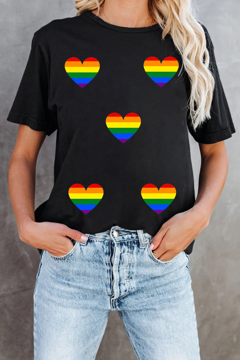 Black Heart Print Crew Neck Chic T Shirt