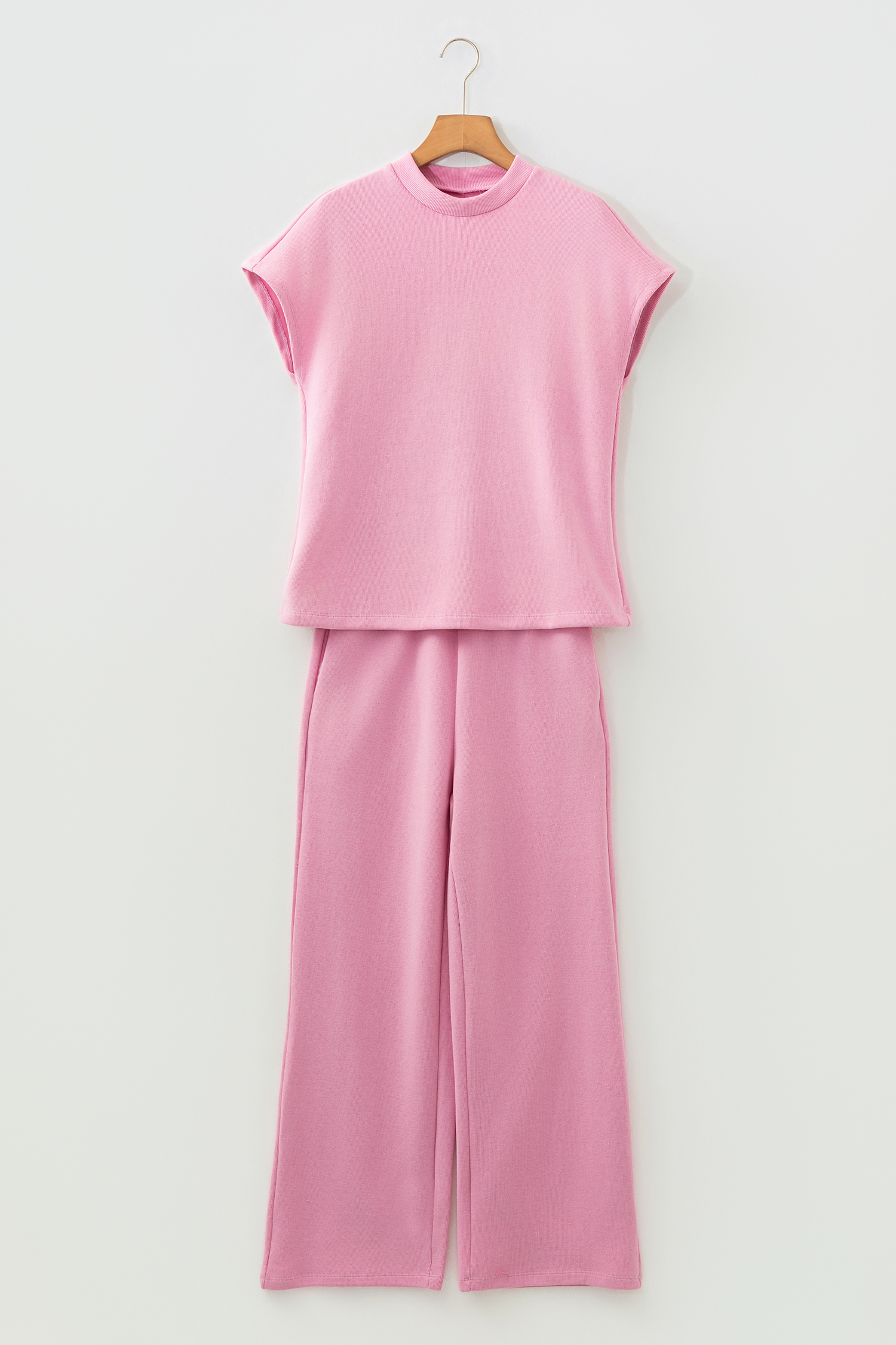Pink Textured Knit High Neck Loose Tee Elastic Waist Loose Pant Set