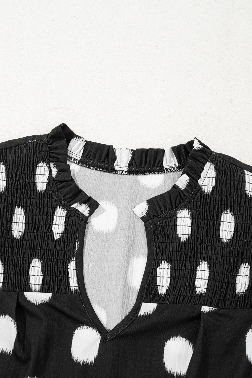 Black Polka Dot Print Shirred Yoke Notched Neck Balloon Sleeve Blouse