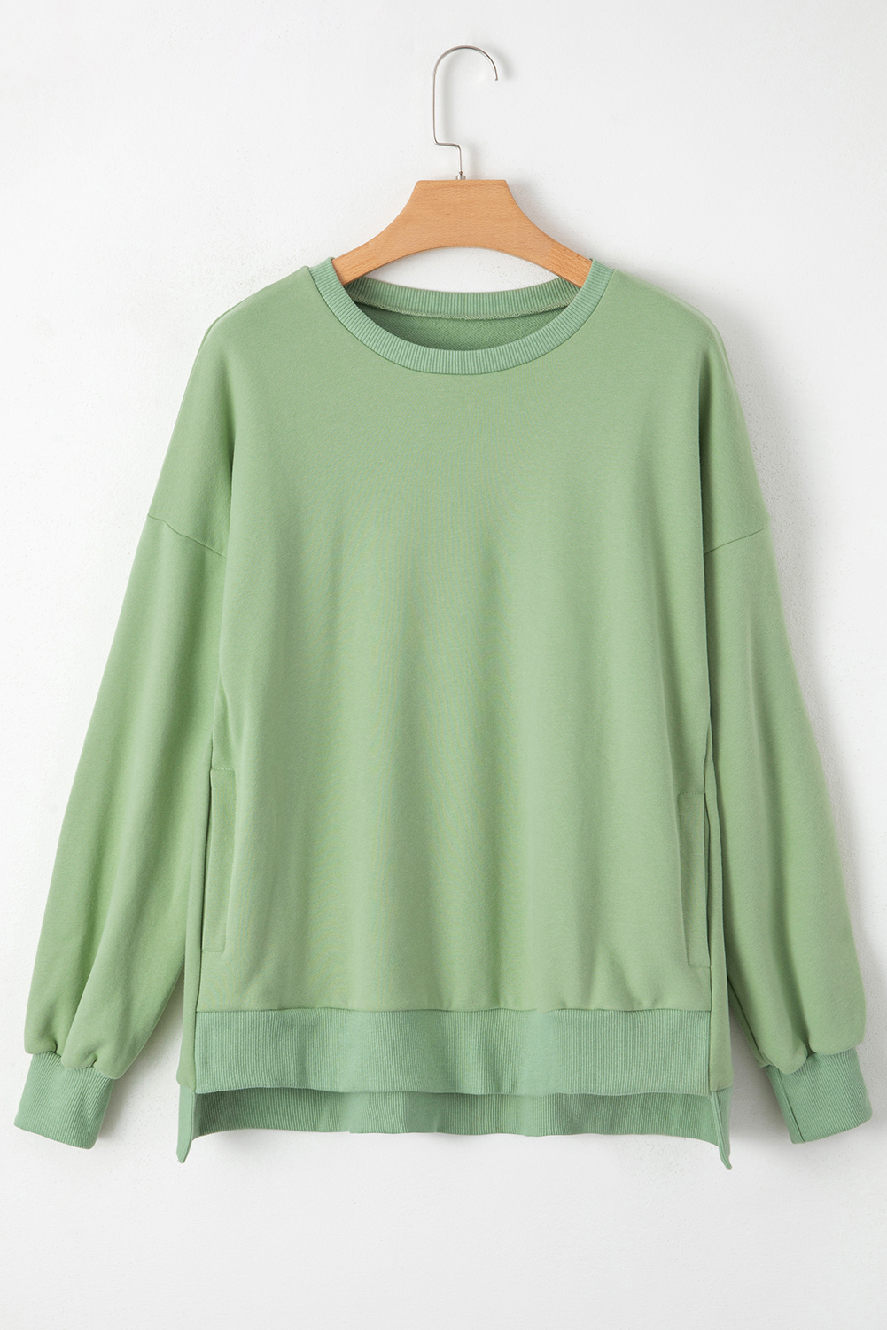 Grass Green Solid Fleece Lined Drop Shoulder High Low Sweatshirt