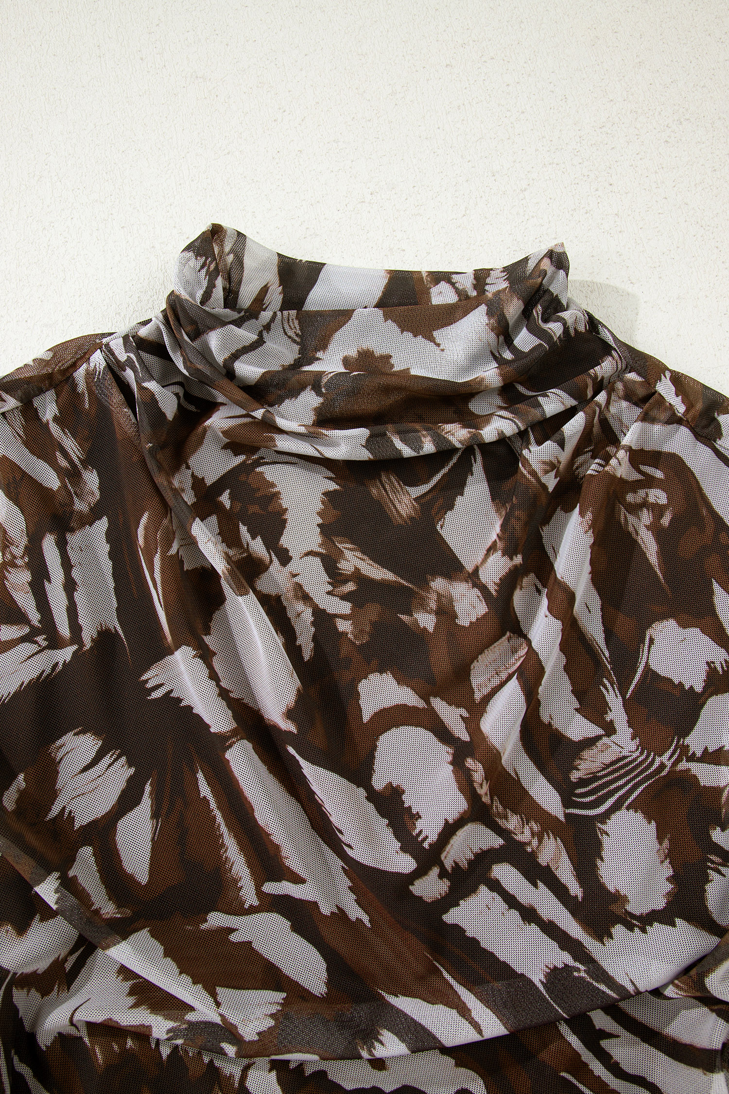 Brown Abstract Print Mesh Cowl Neck Cap Sleeve Ruched Midi Dress with Slit