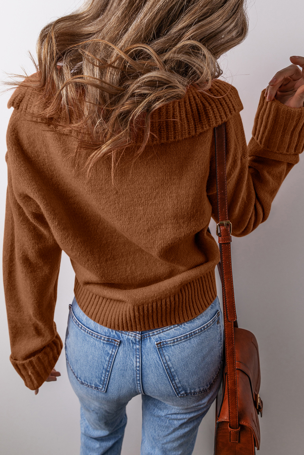 Racing Red Collared V Neck Ribbed Edge Sexy Elegant Sweater