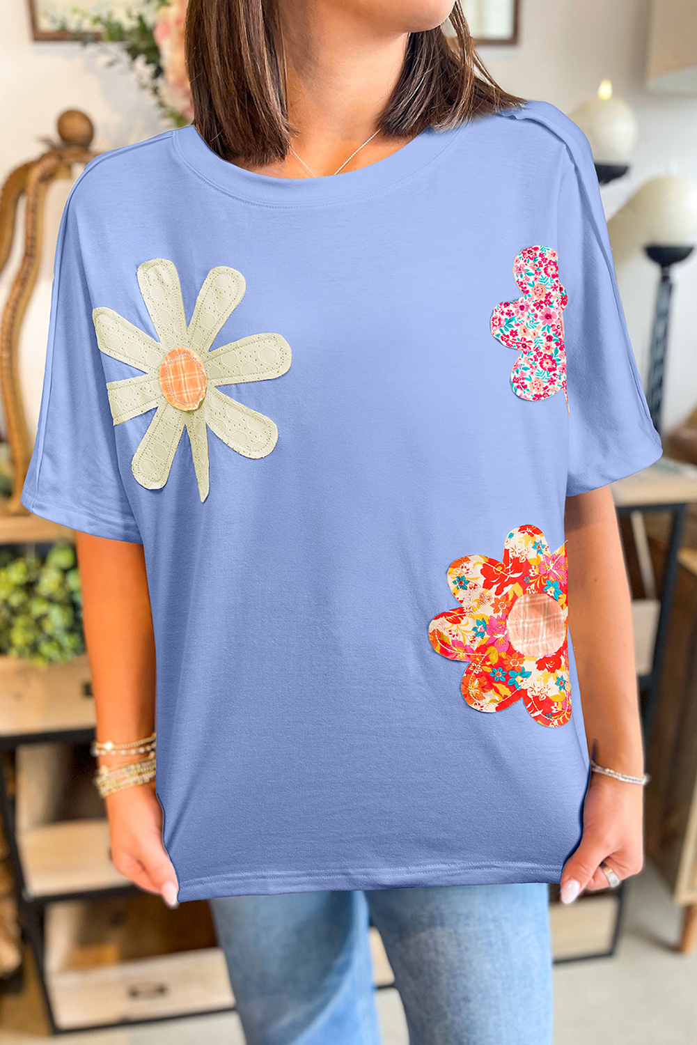 Apricot Flower Patched Exposed Stitching Trim Crew Neck Loose Tee