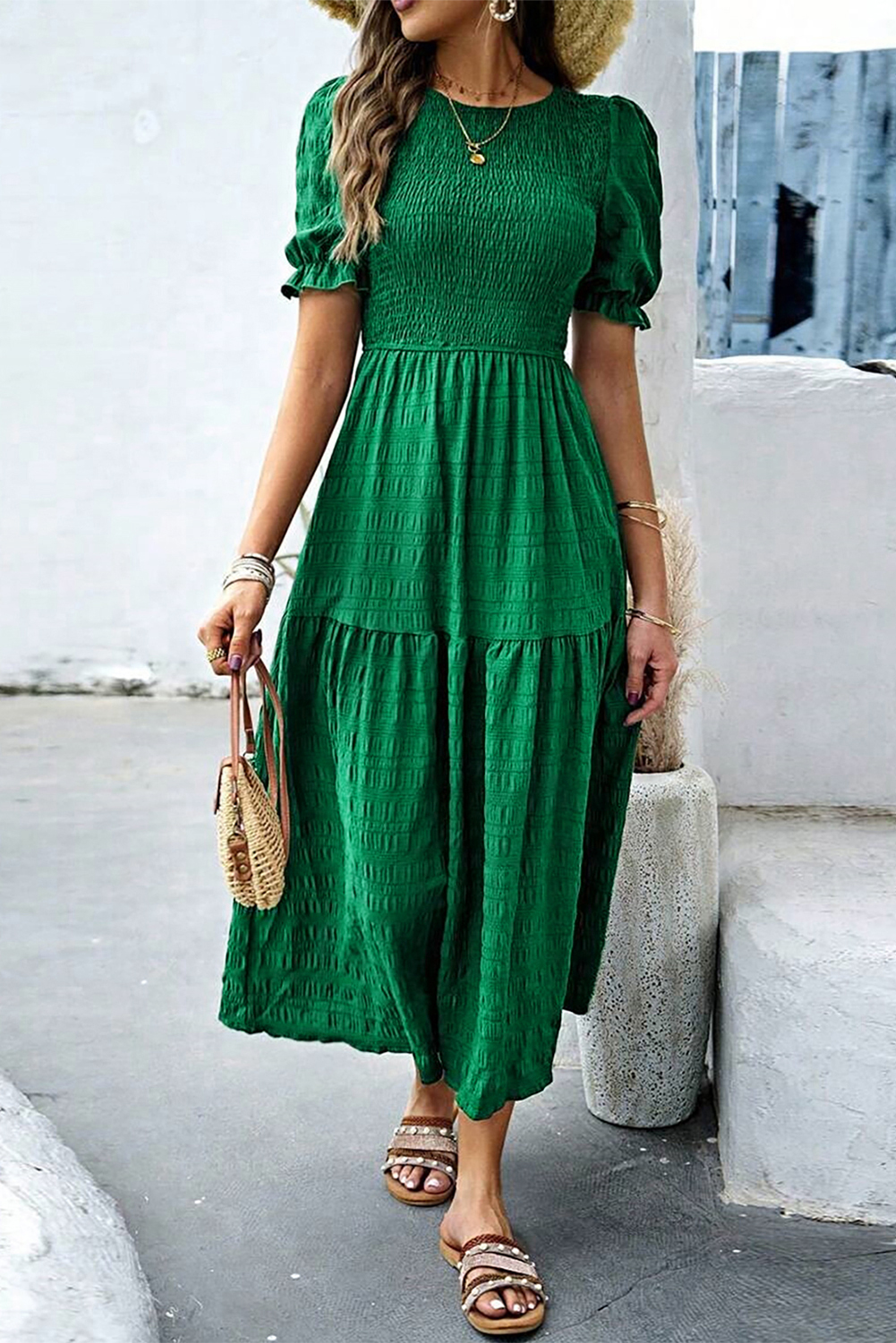Dark Green Textured Ruffled Sleeve Round Neck Top
