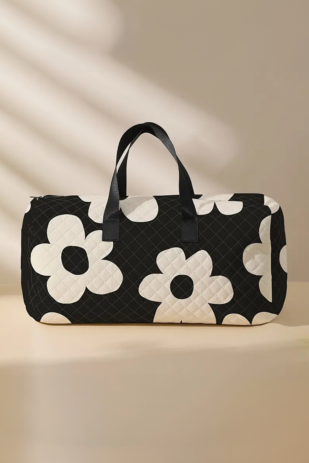 Black Flower Print Quilted Large Duffel Bag