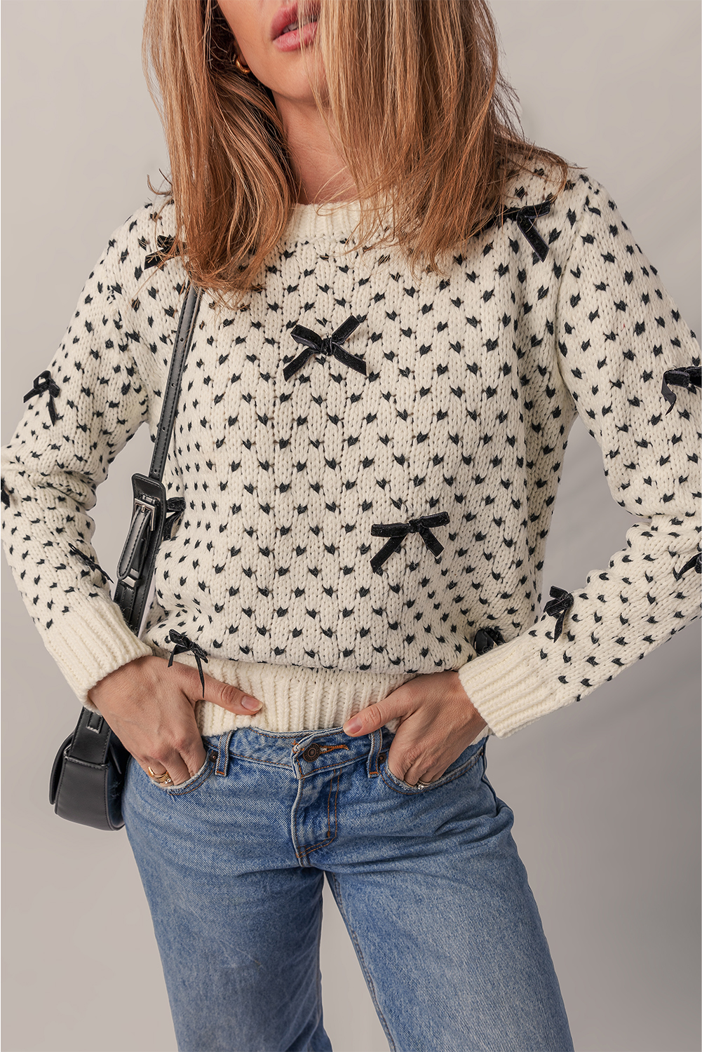 Beige Bow Decor Color Contrast Ribbed Edge Crew Neck Sweater