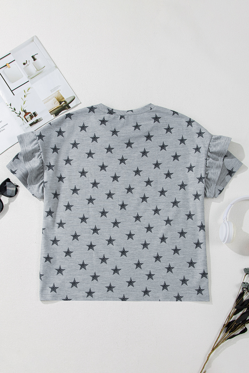 Gray Star Print Tiered Ruffled Sleeve Crew Neck T Shirt
