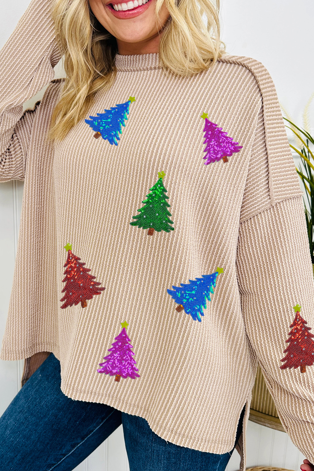 Parchment Sequin Christmas Tree Exposed Seam Drop Shoulder Ribbed Long Sleeve Top