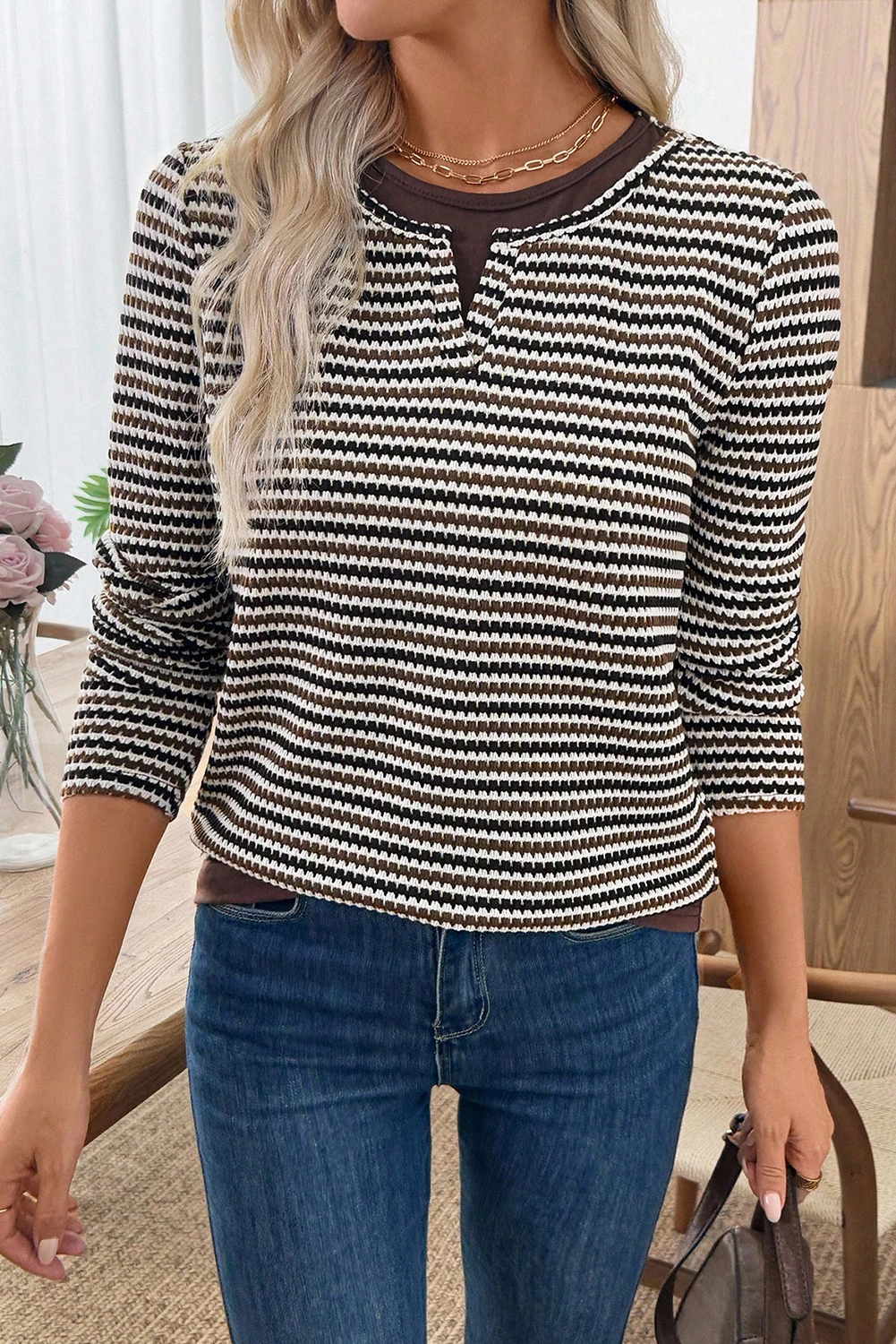 Brown Faux Two Piece Textured Striped Round Neck Long Sleeve T Shirt