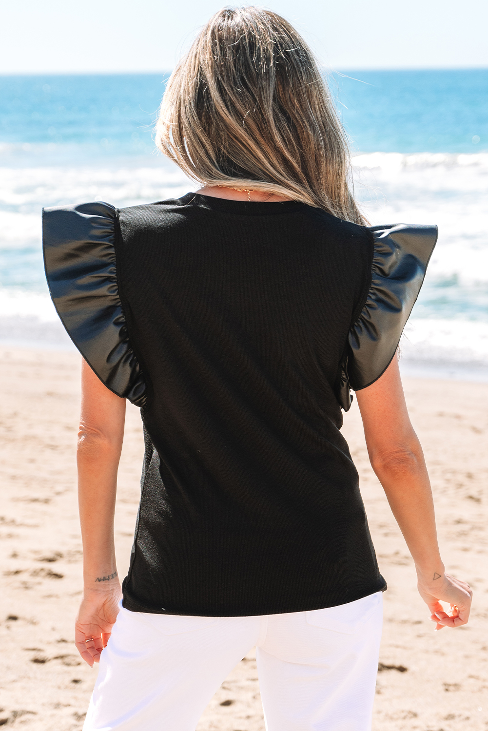 Black GAME DAY Checkered Letter Graphic Leatherette Ruffle Sleeve Top