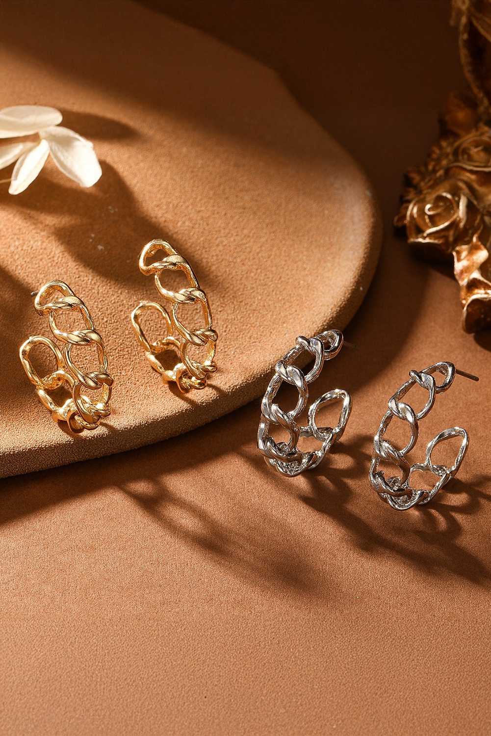 Gold Alloy Plated Round Hoop Chain Stud Earrings
