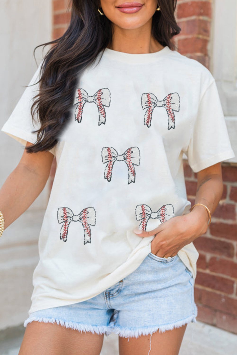 Black Glitter Baseball Bow Patched Cotton Blend T Shirt