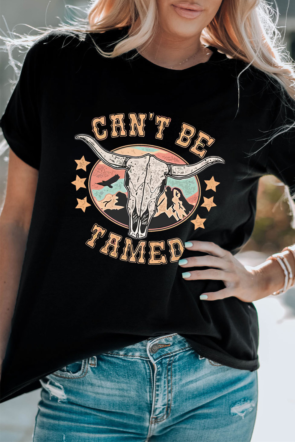 White Bull Skull American Flag Graphic Tee
