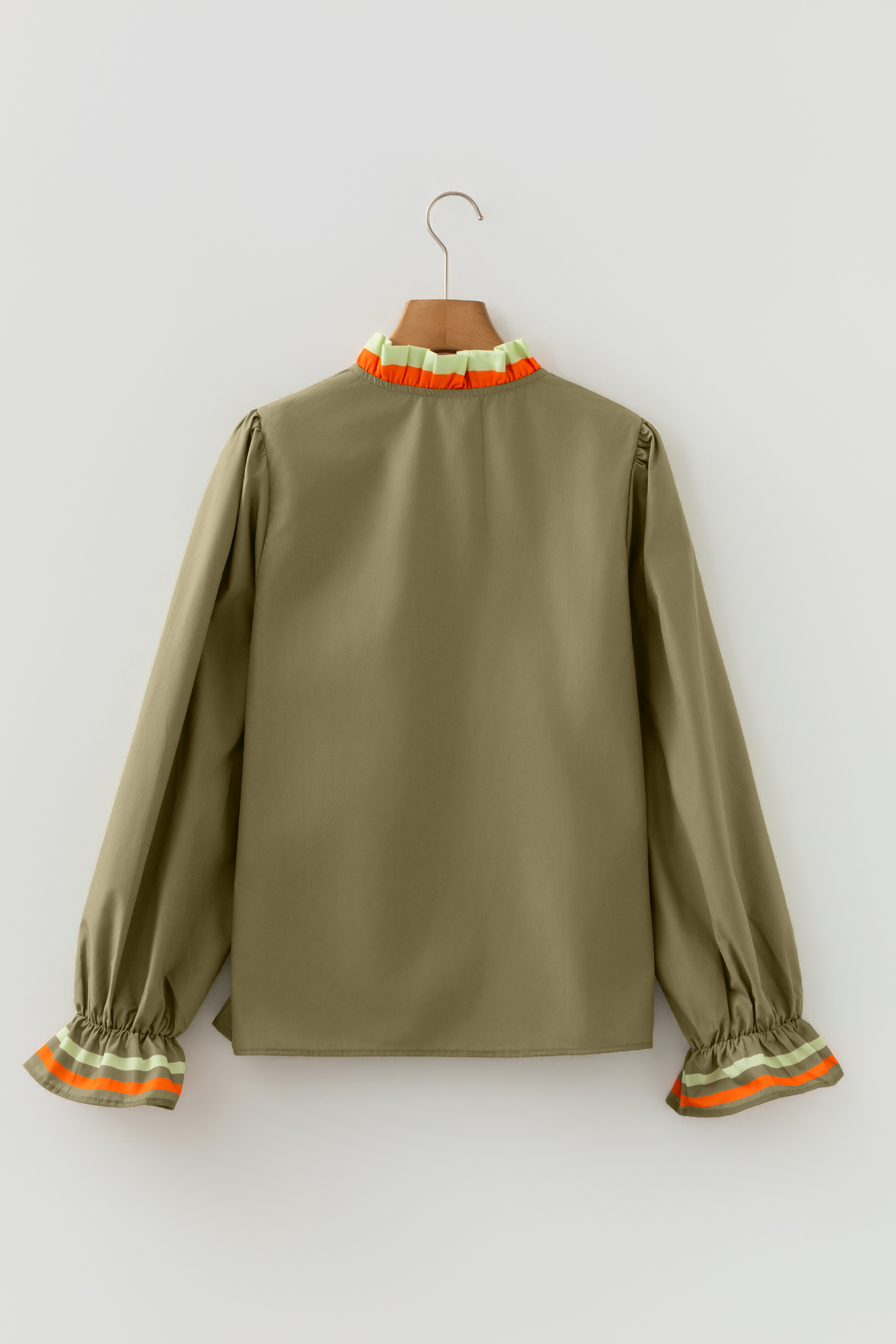 Four Leaf Clover Striped Trim Ruffle Split Neck Long Sleeve Blouse