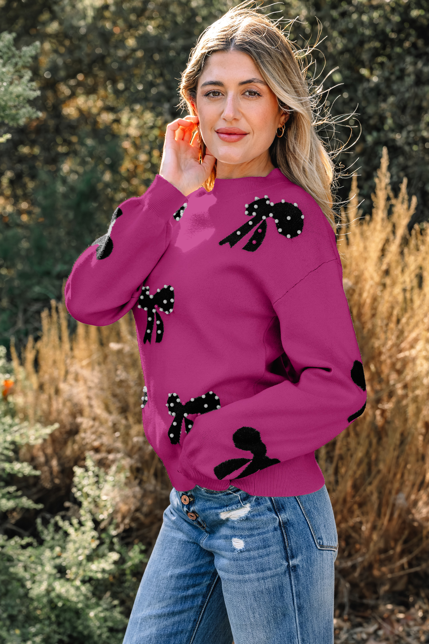Bright Pink Pearl Embellished Bow Pattern Loose Sweater