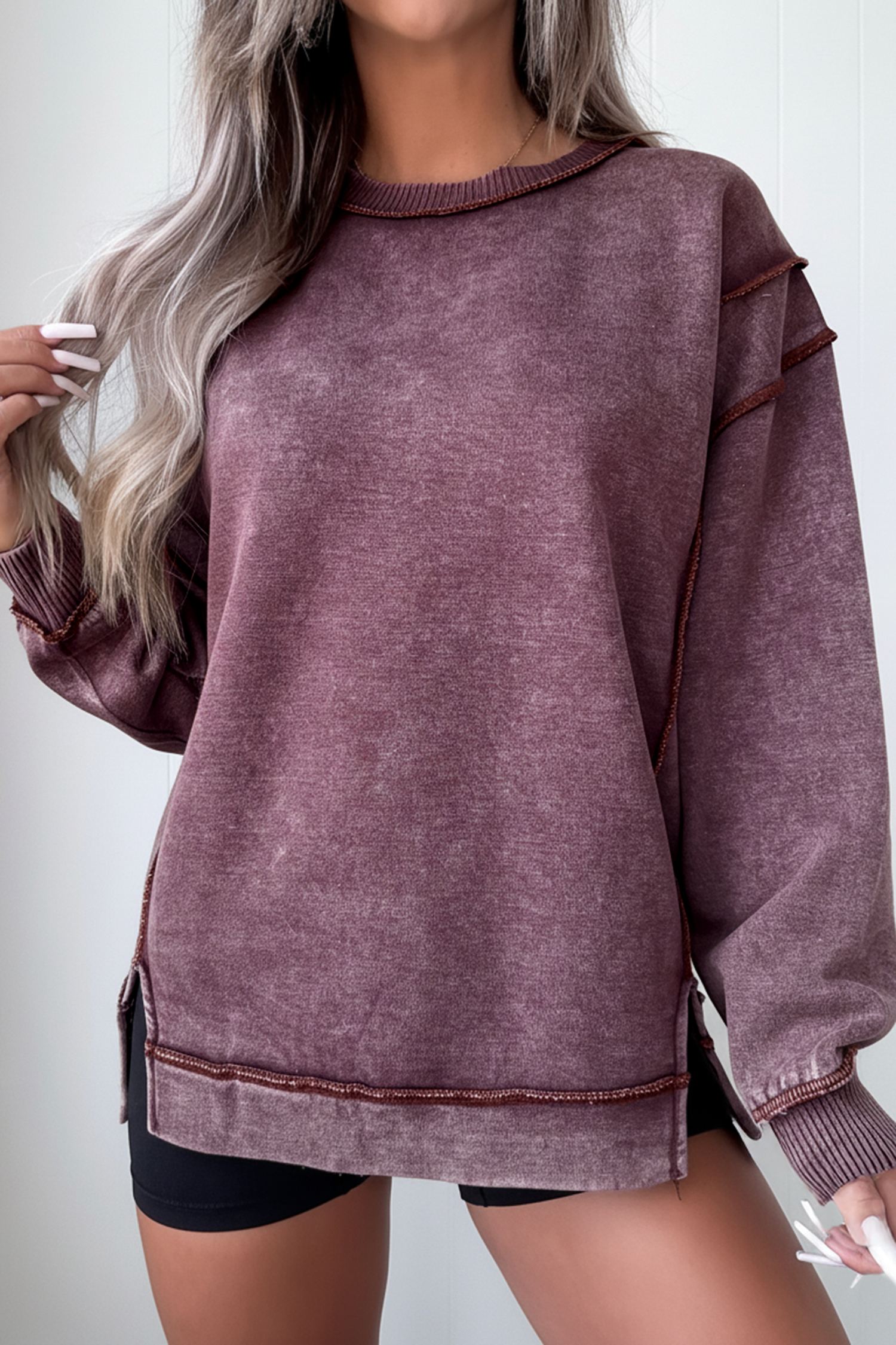 Valerian Mineral Wash Exposed Seam Side Slit Sweatshirt