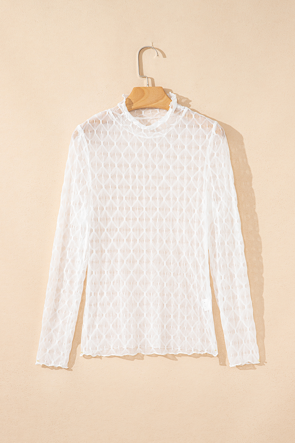 Coffee Sheer Mesh Patterned Lettuce Trim Slim Long Sleeve Top