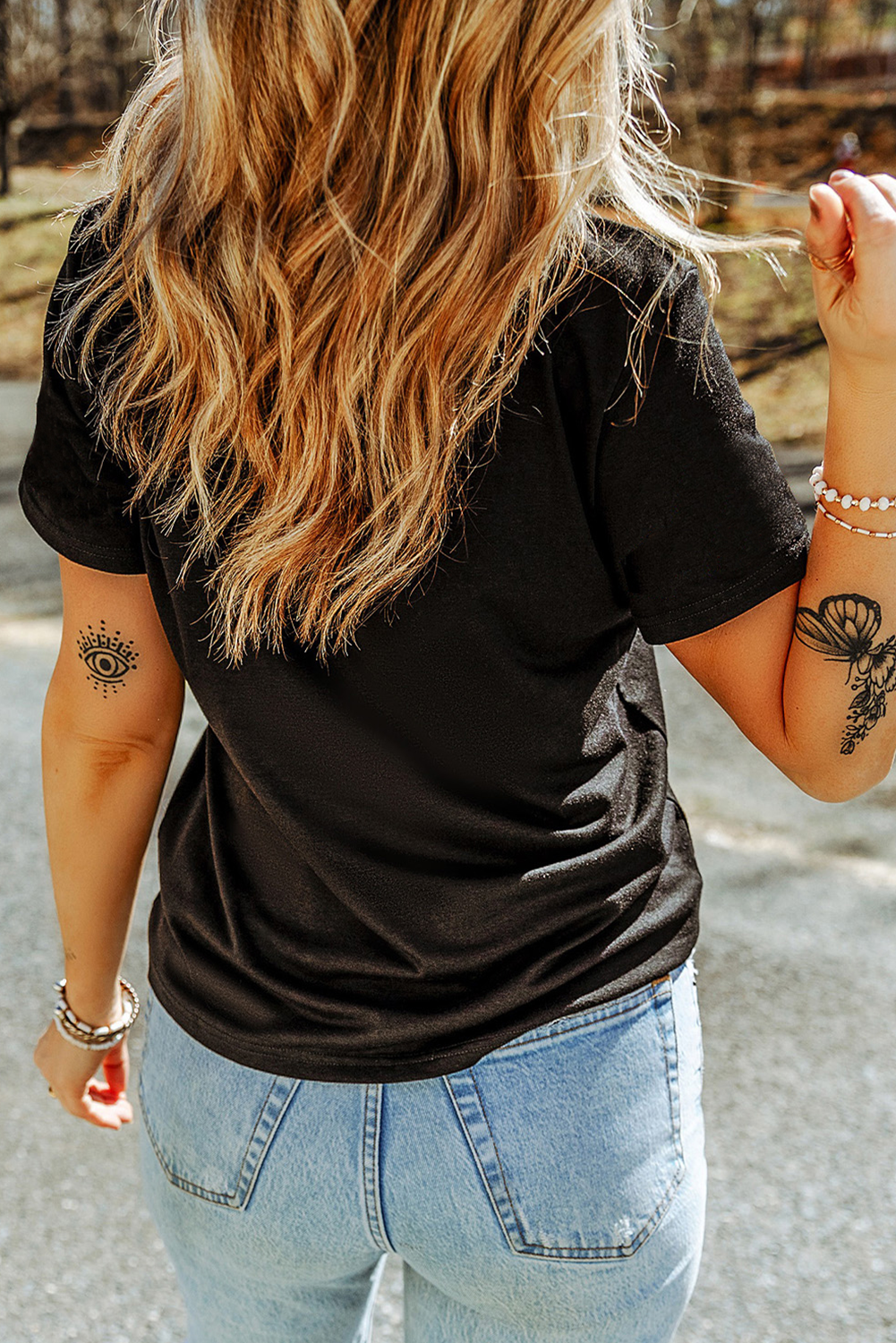 Black USA Letter American Flag Print Casual T Shirt