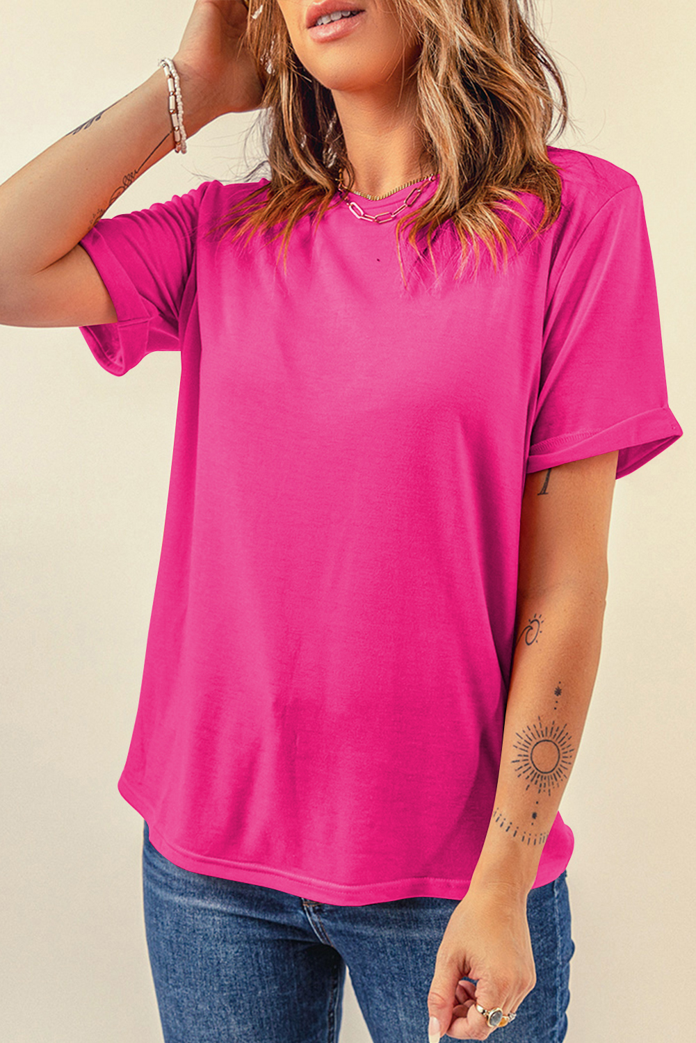 Khaki Casual Plain Crew Neck Tee