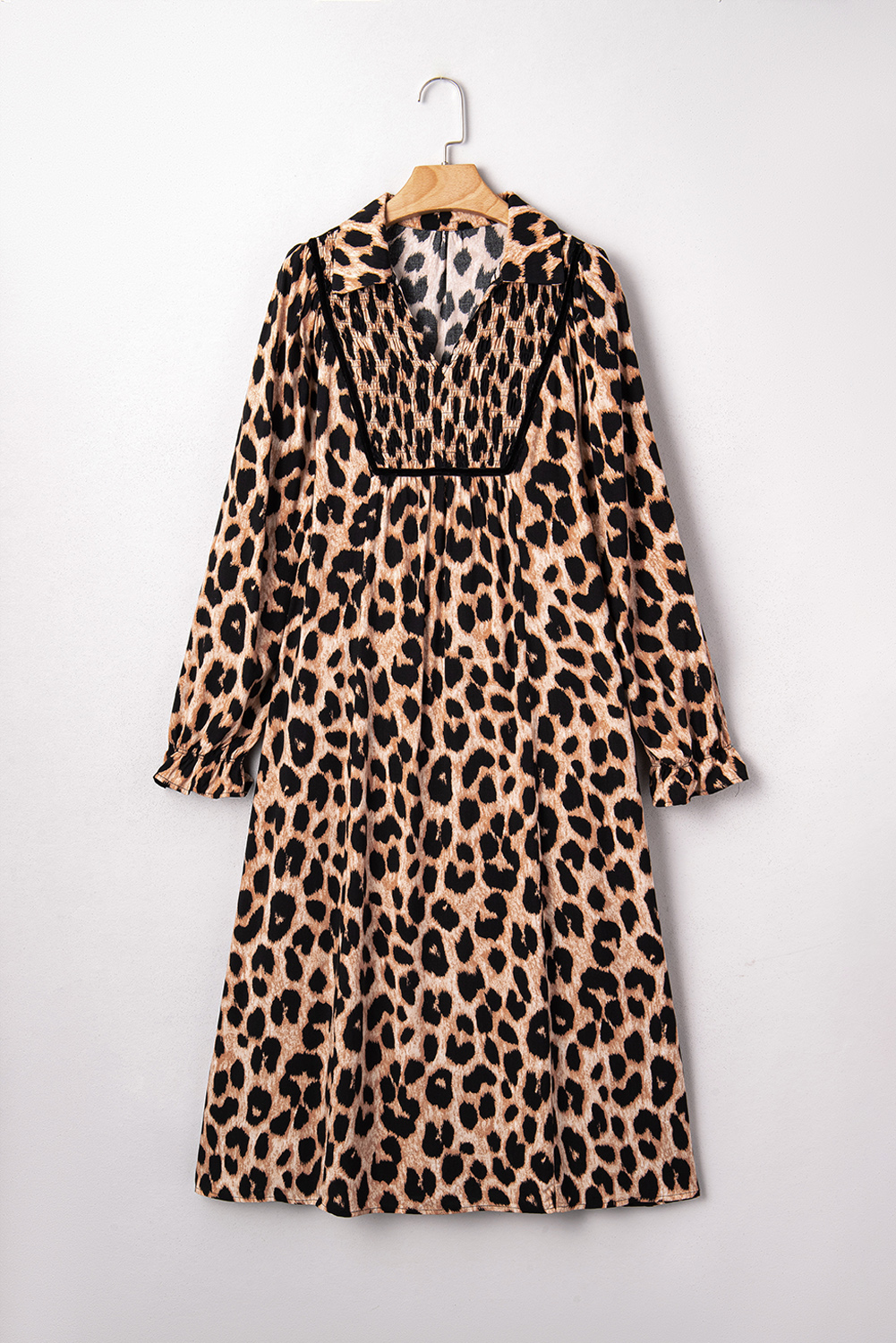 Four Leaf Clover Collared V Neck Smocked Detail Contrast Leopard Trim Bracelet Sleeve Long Dress