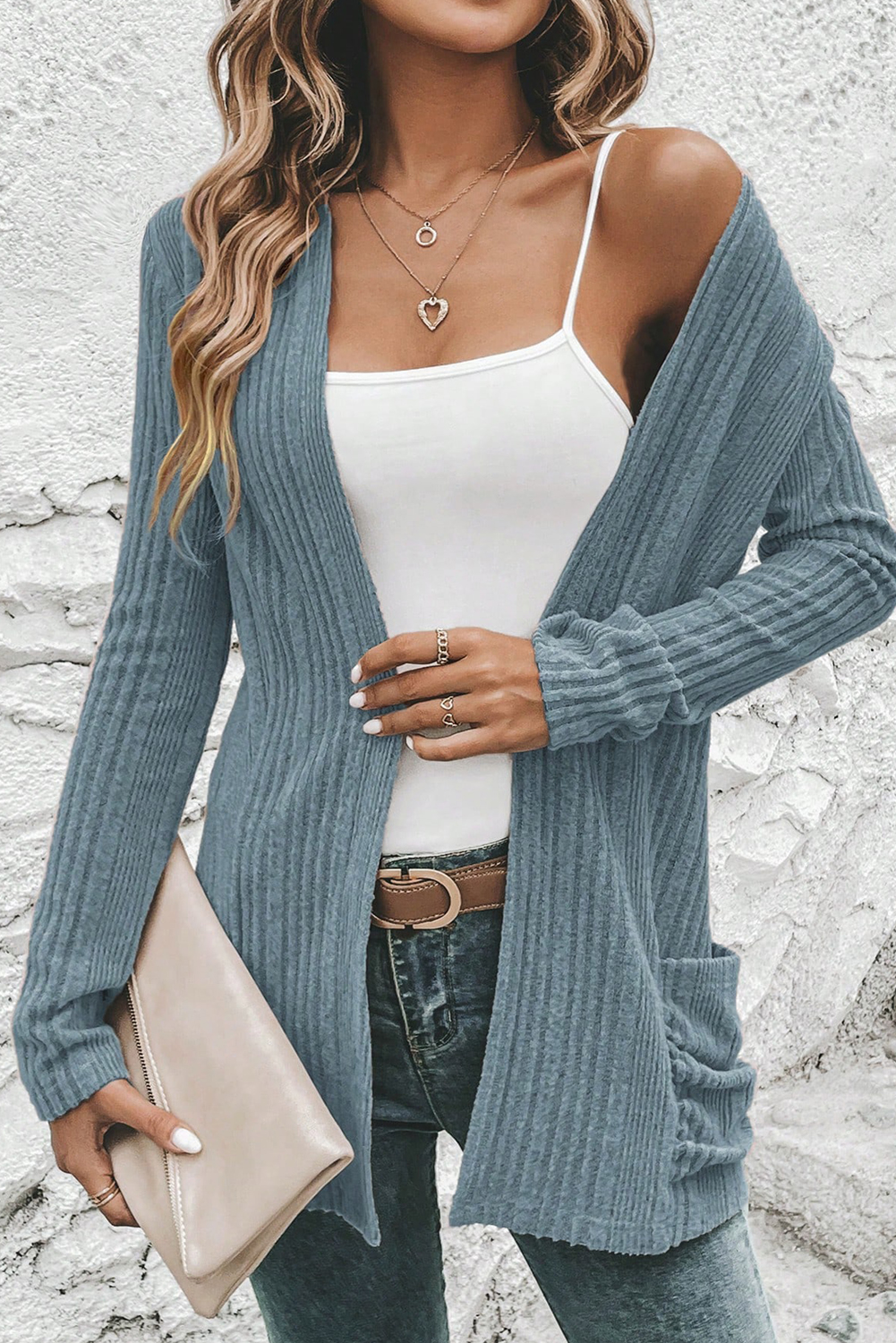 Stone Blue Ribbed Open Front Knitted Top with Pockets