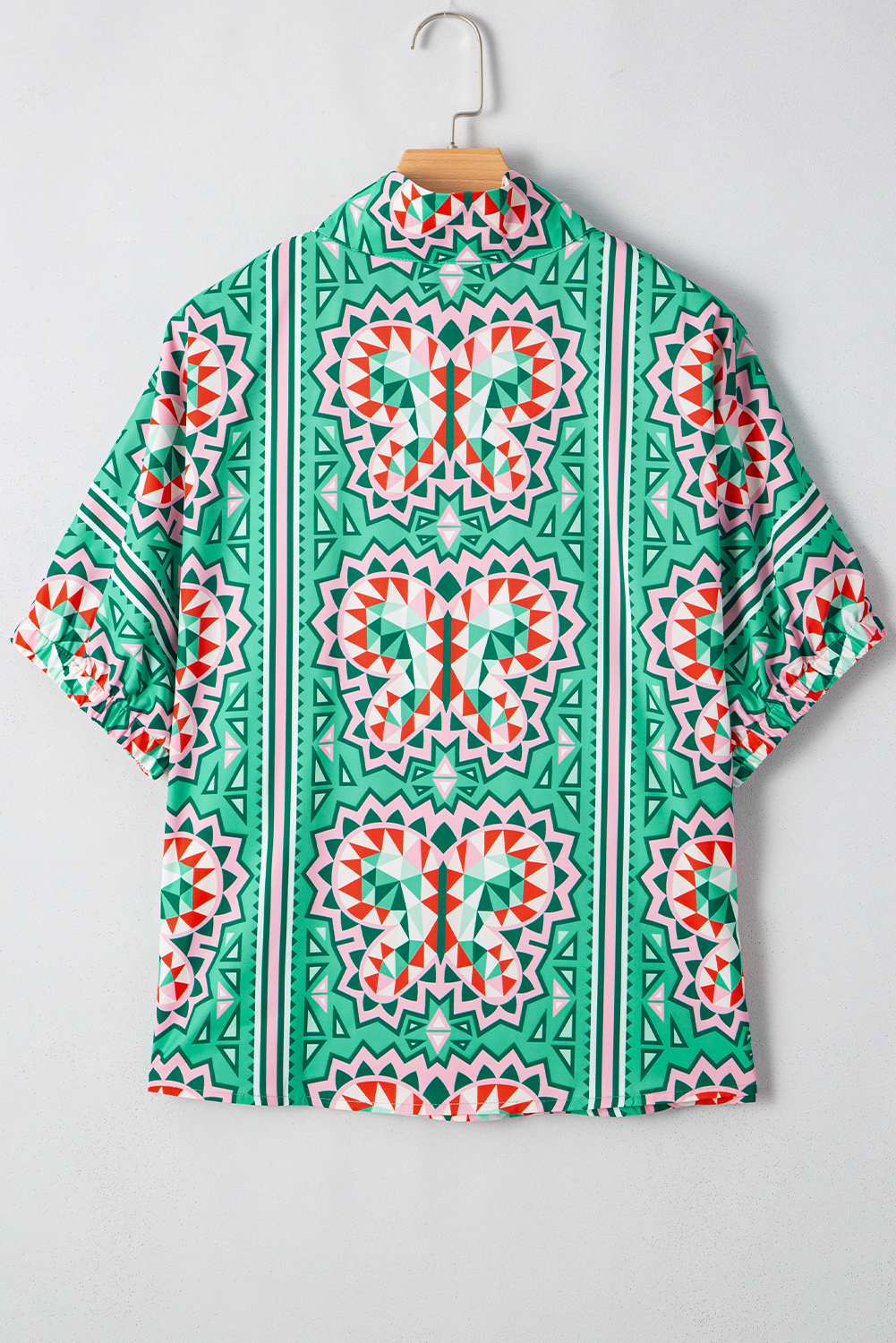 Sea Green Boho Abstract Print Contrast Striped Collared V Neck Blouse