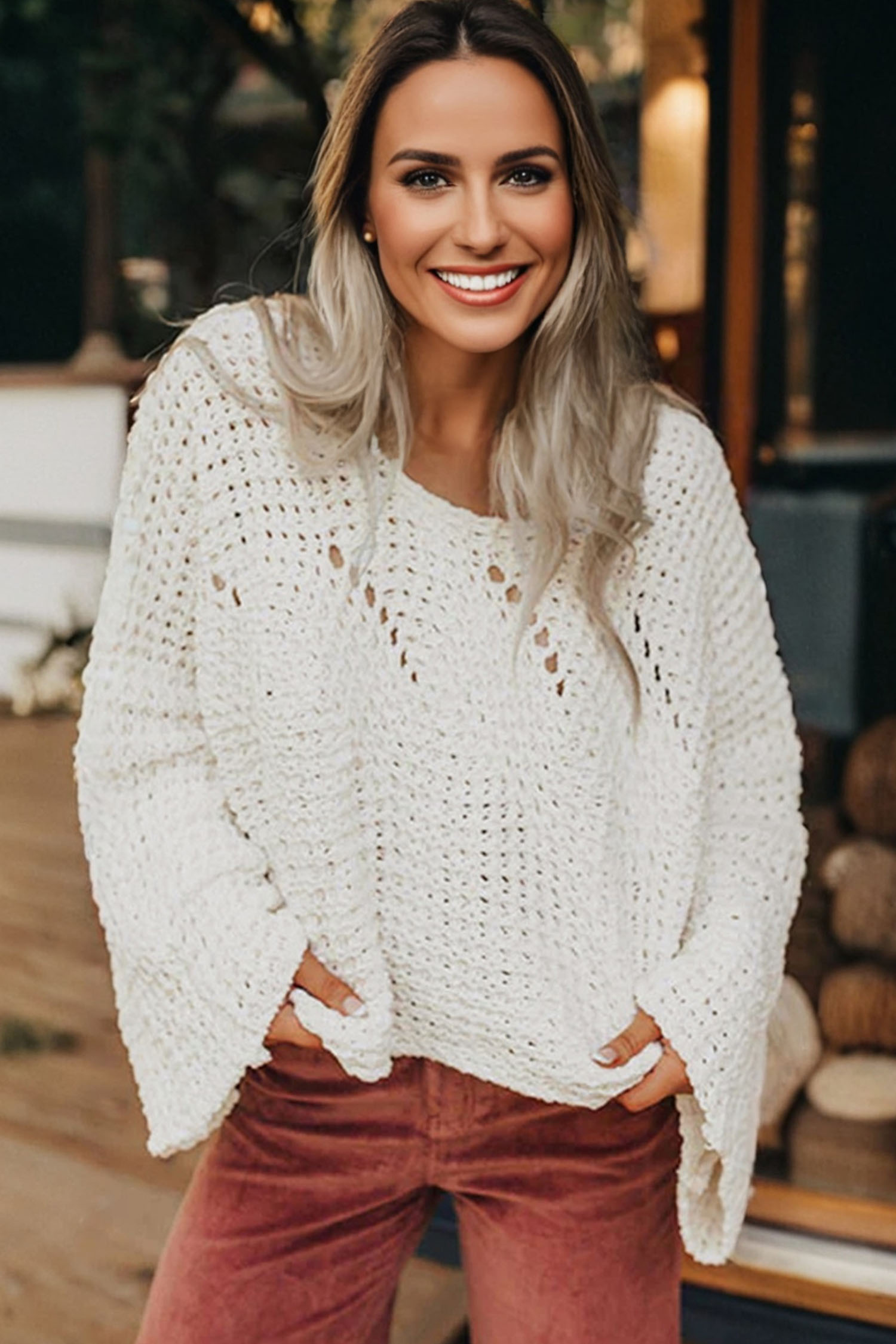 Camel Hollowed Detail Wide Sleeve Loose Pullover Sweater