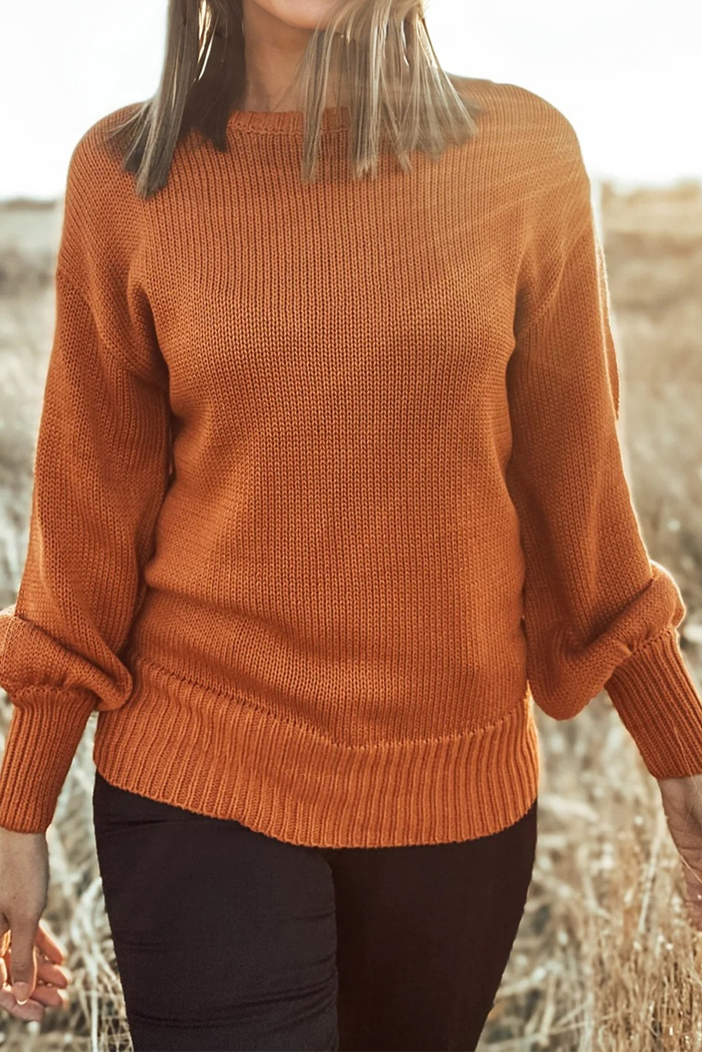 Gold Flame Solid Color Ribbed Trim Drop Shoulder Sweater