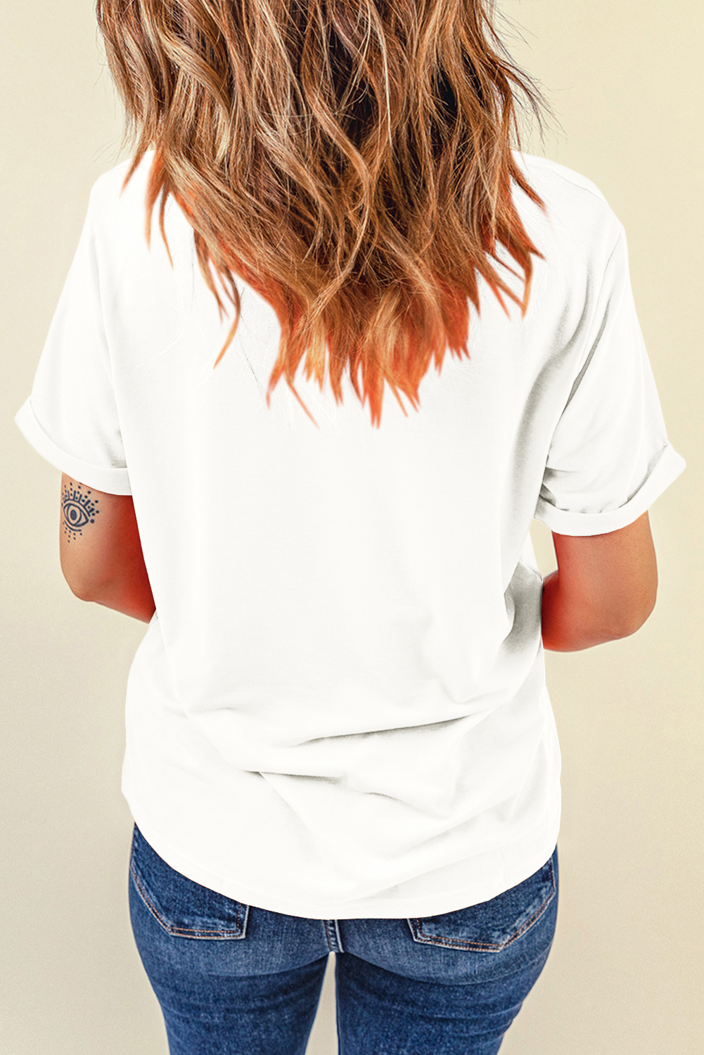 White Rodeo Patched Graphic Casual Round Neck Tee