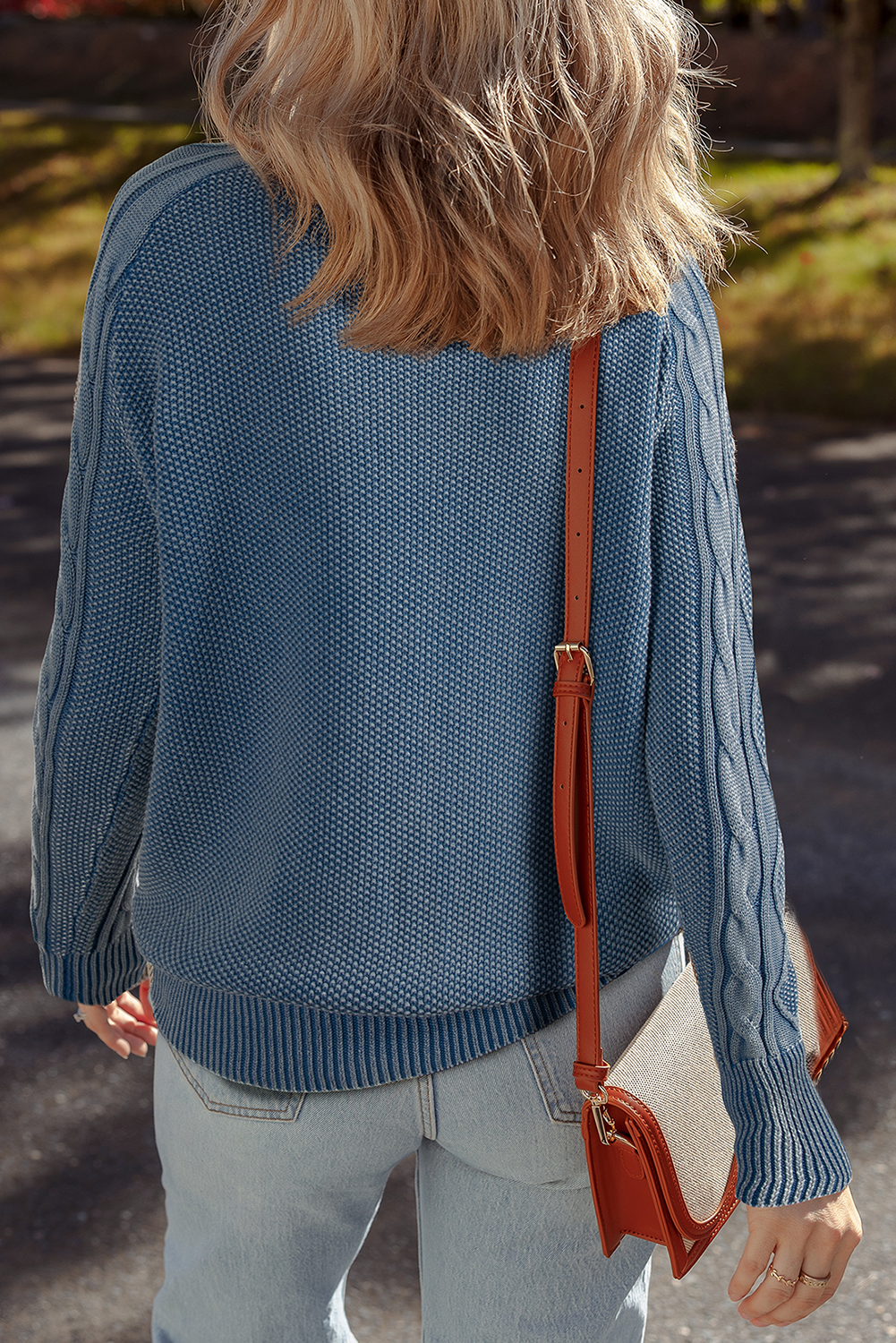 Dark Brown Contrast Cable Knit Sleeve Casual Sweater