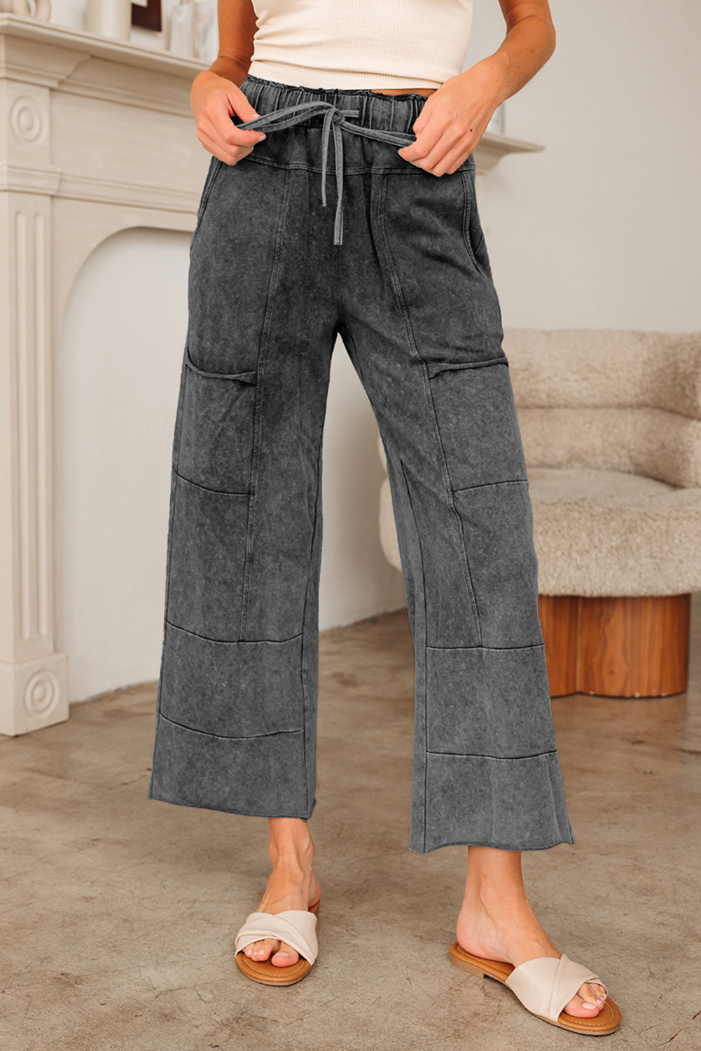 Lapis Mineral Wash Lace-up High Waist Raw Hem Patched Pocket Pants
