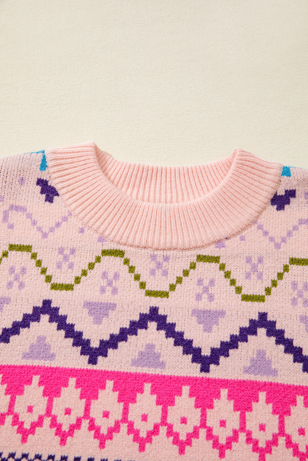 Multicolour Ethnic Christmas Pattern Knit Feather Cuffed Sweater